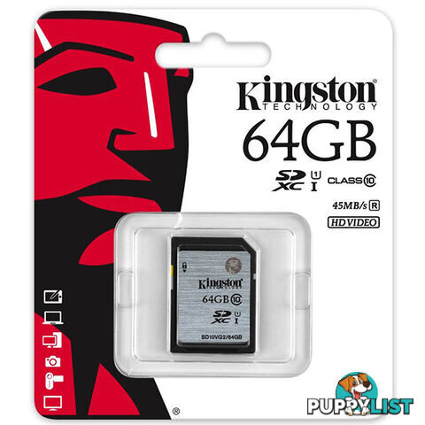 KINGSTON 64GB SDXC Class10 UHS-I 80MB/s Read Flash Card  Retail   (SD10VG2/64GBFR)