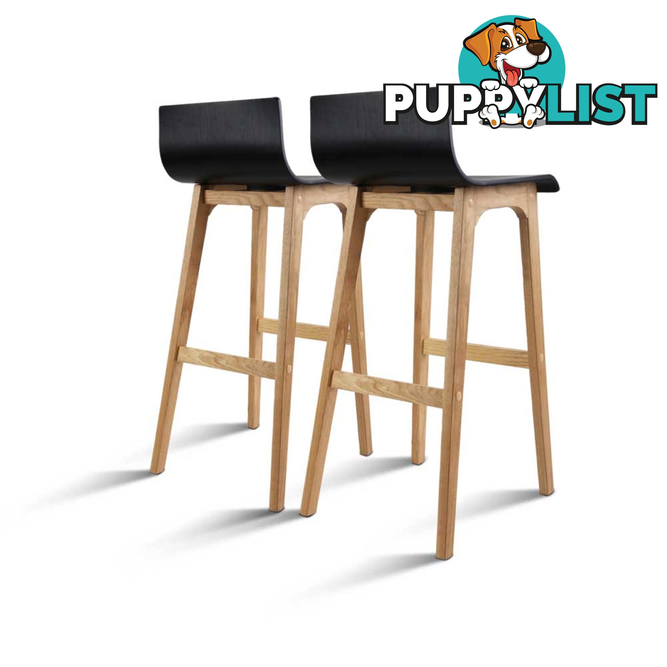 Set of 2 Oak Wood Bar Stools - Black