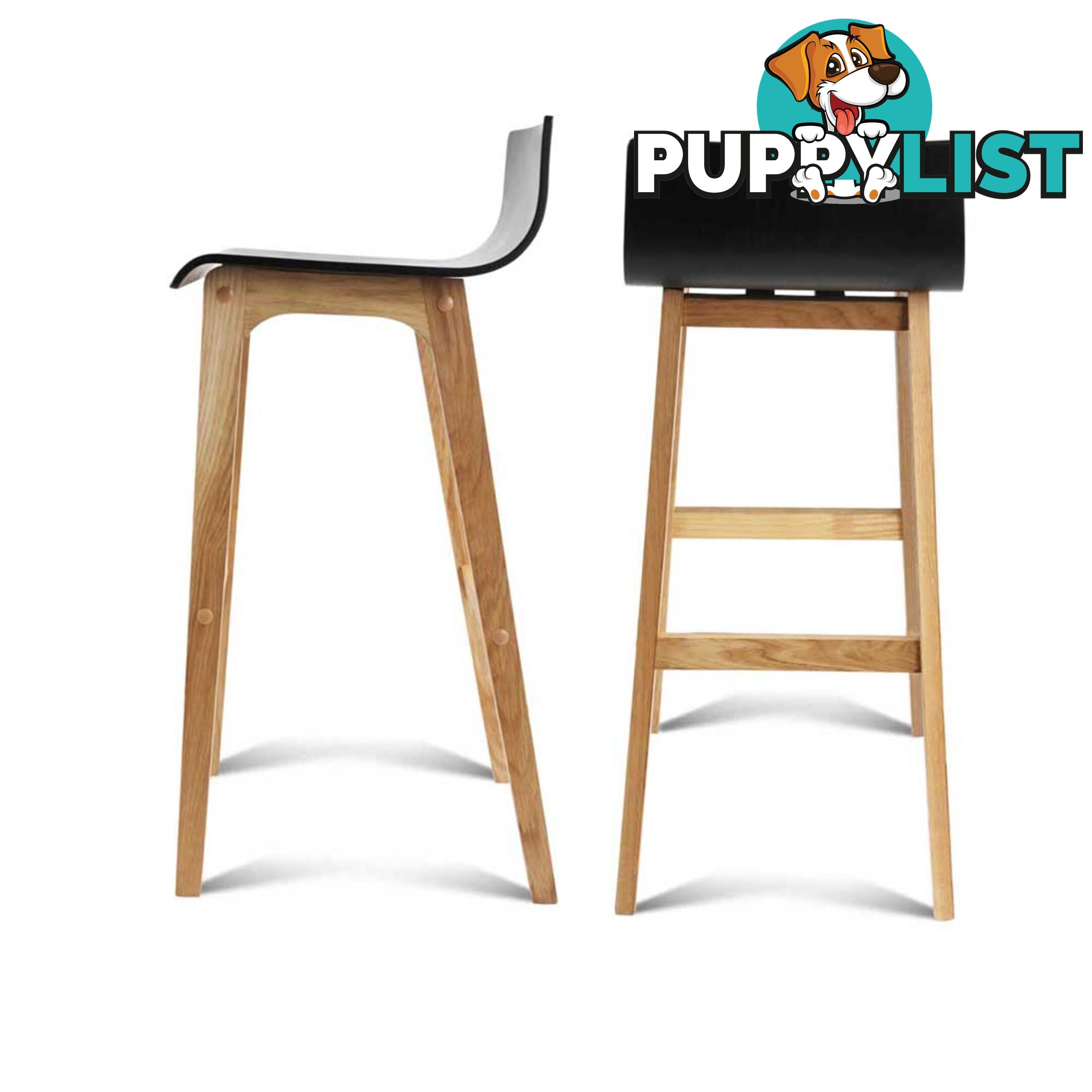 Set of 2 Oak Wood Bar Stools - Black