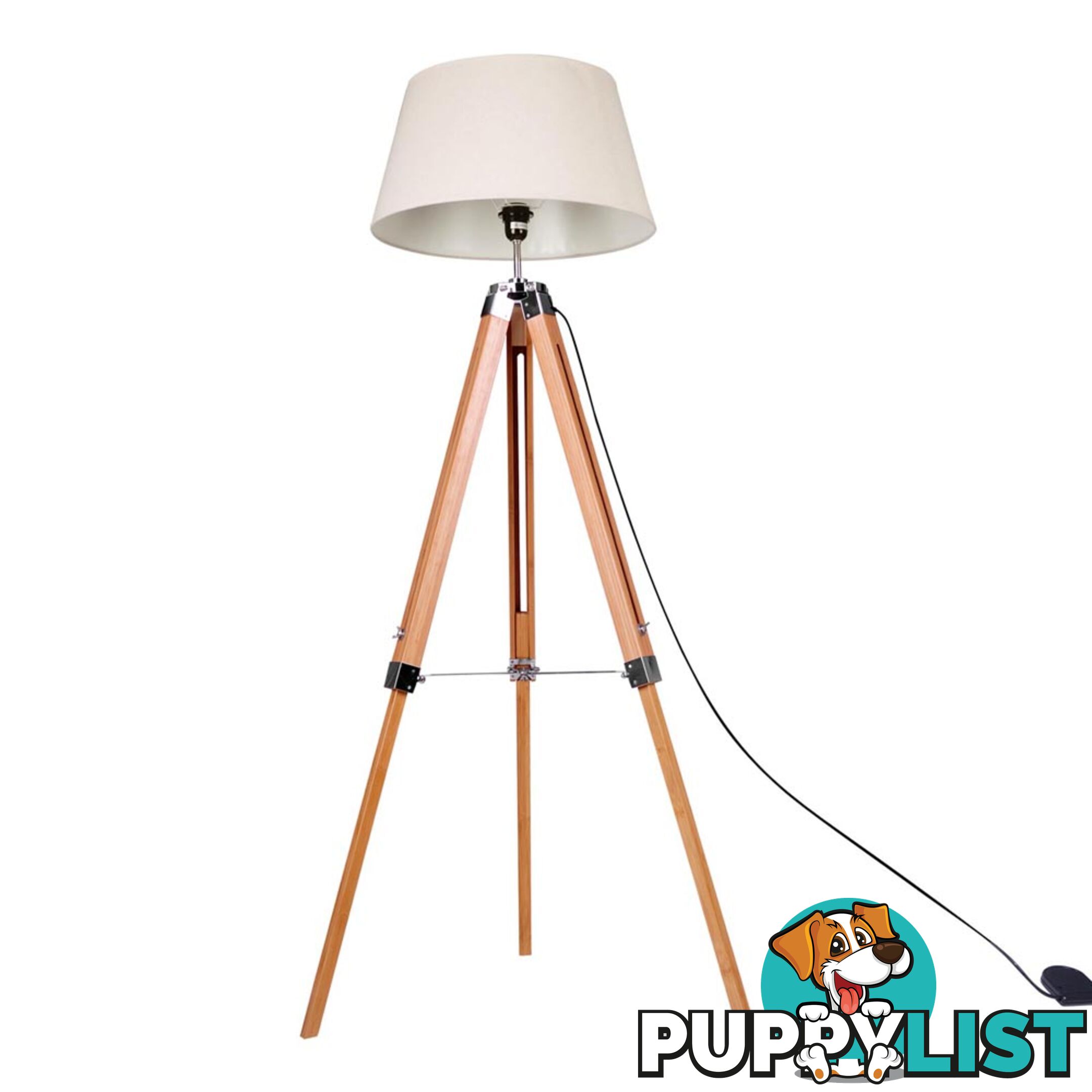 Floor Lamp Wooden Tripod Beige Linen Shade Bamboo Brown