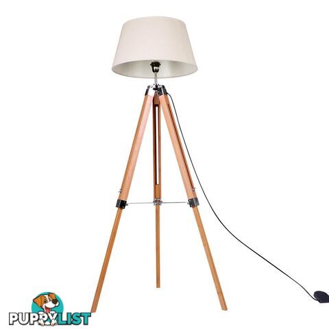 Floor Lamp Wooden Tripod Beige Linen Shade Bamboo Brown