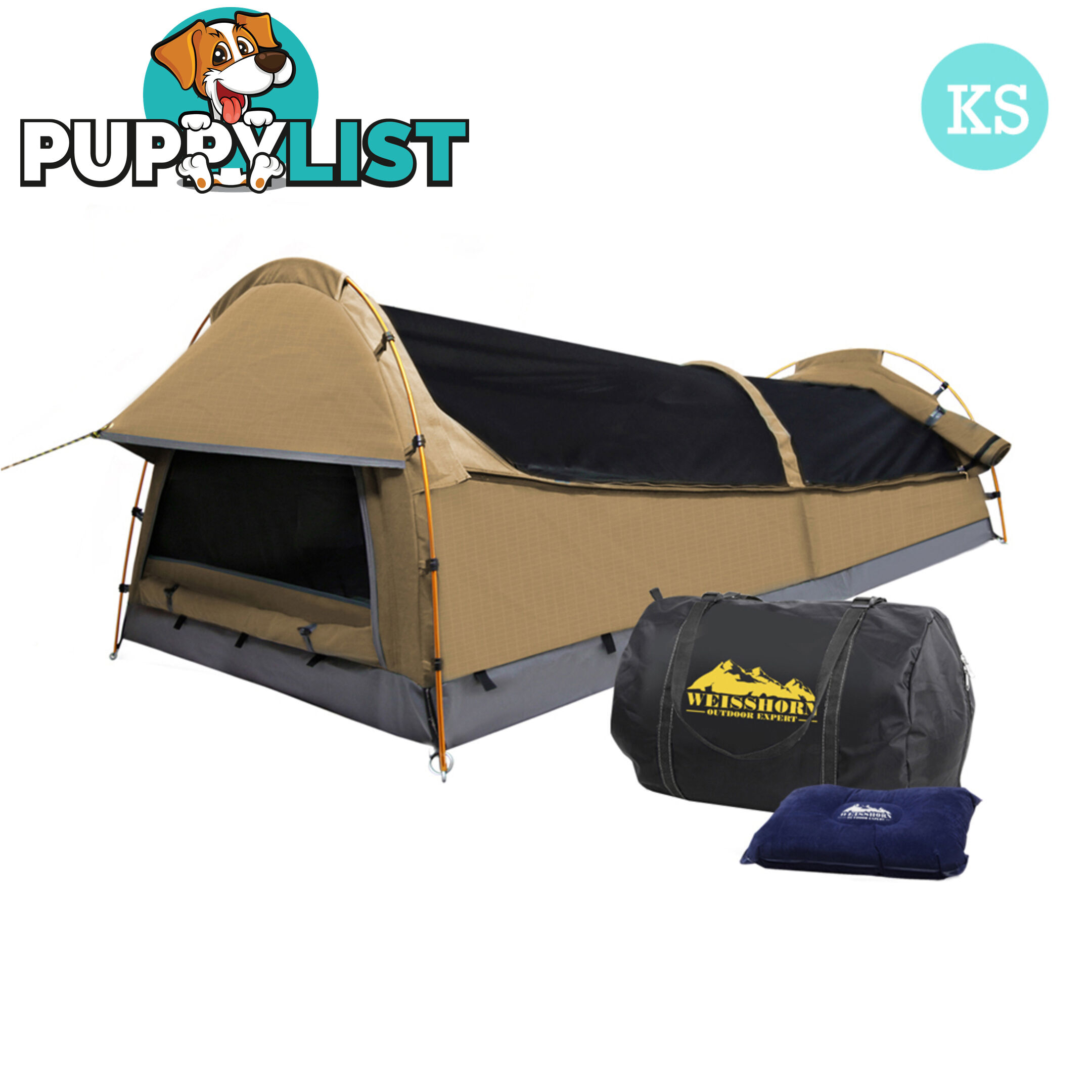 King Single Camping Canvas Swag Tent Beige with Air Pillow