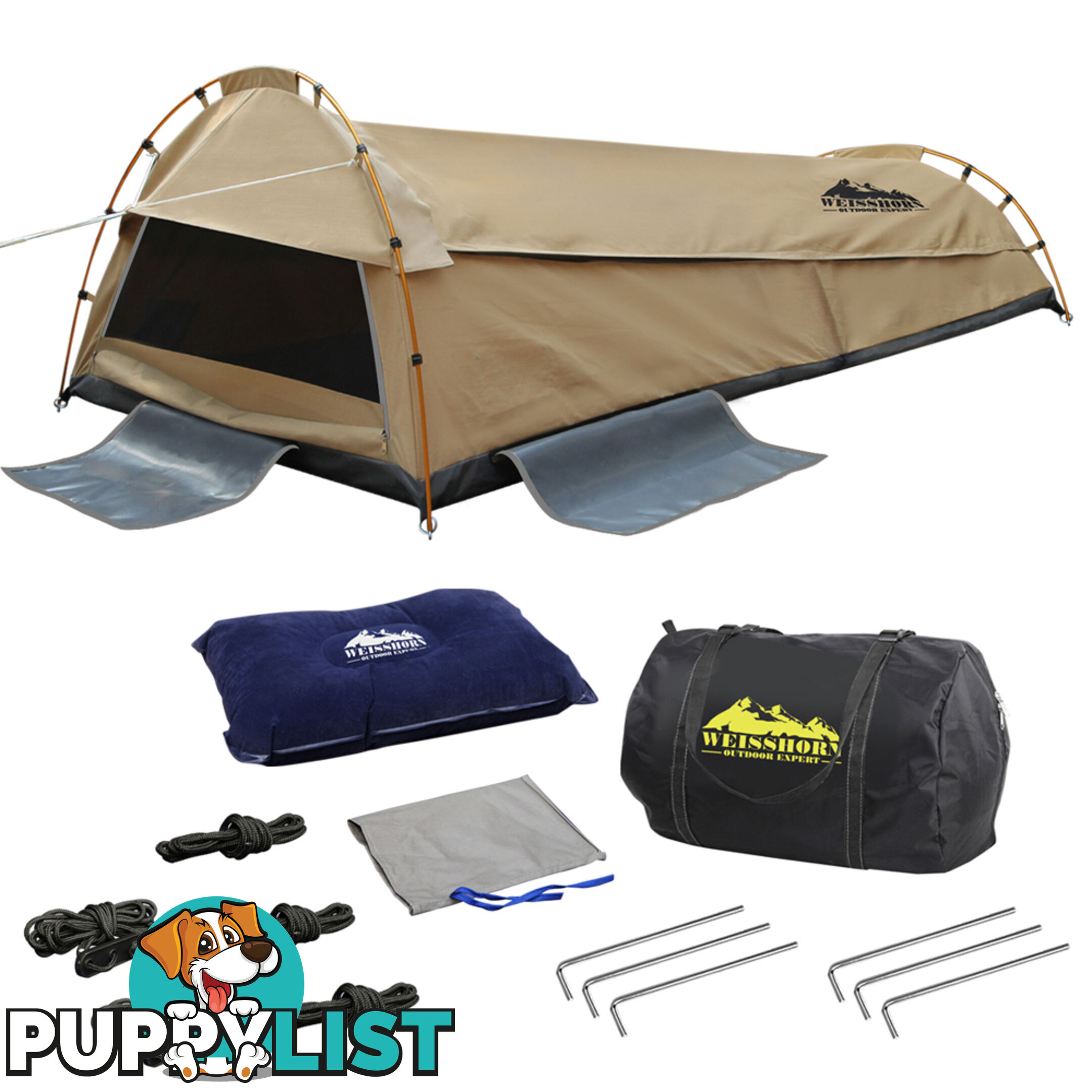 King Single Camping Canvas Swag Tent Beige with Air Pillow