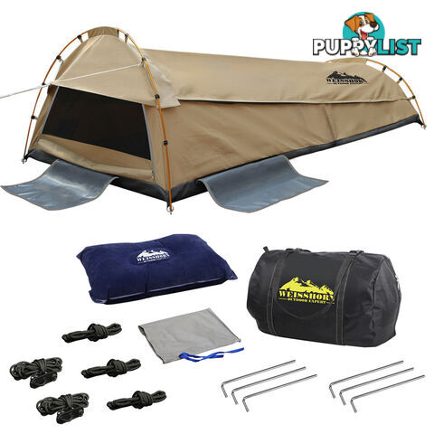 King Single Camping Canvas Swag Tent Beige with Air Pillow