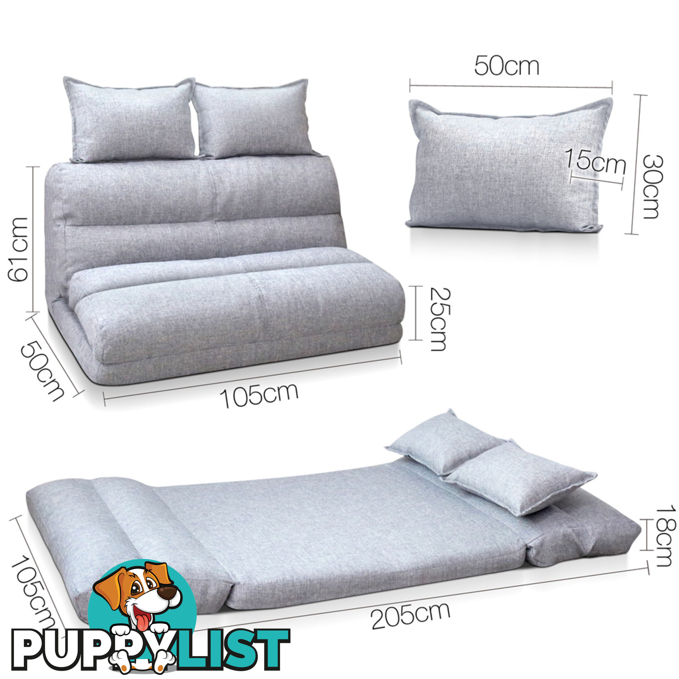 Double Size Adjustable Lounge Sofa - 5 positions Grey