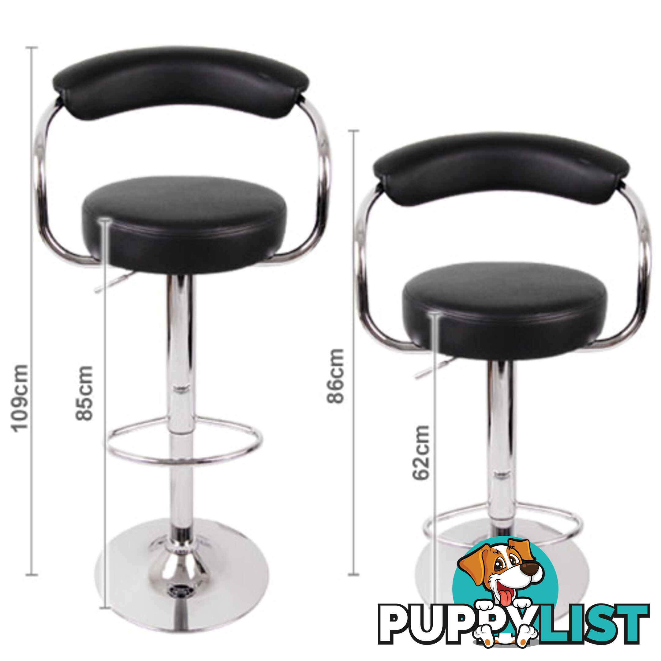 Set of 2 PU Leather Kitchen Bar Stool Black