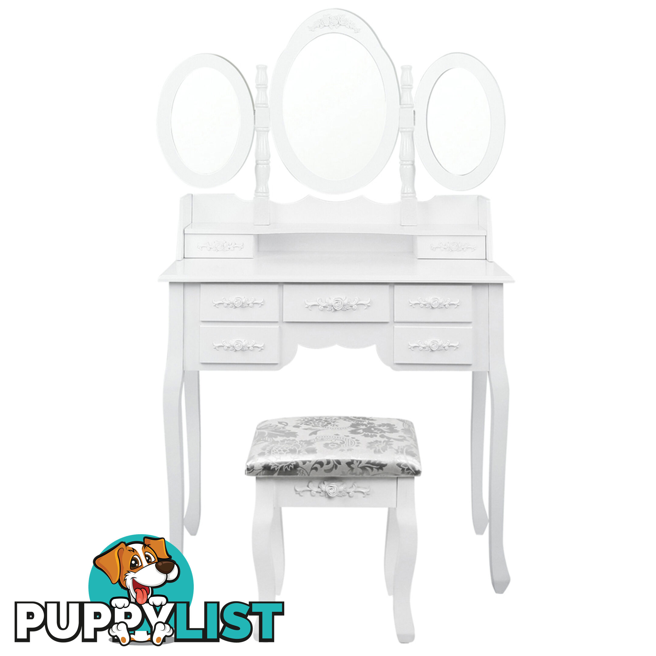 7 Drawer Dressing Table w/ Mirror White