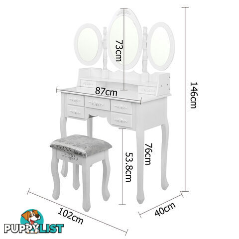 7 Drawer Dressing Table w/ Mirror White