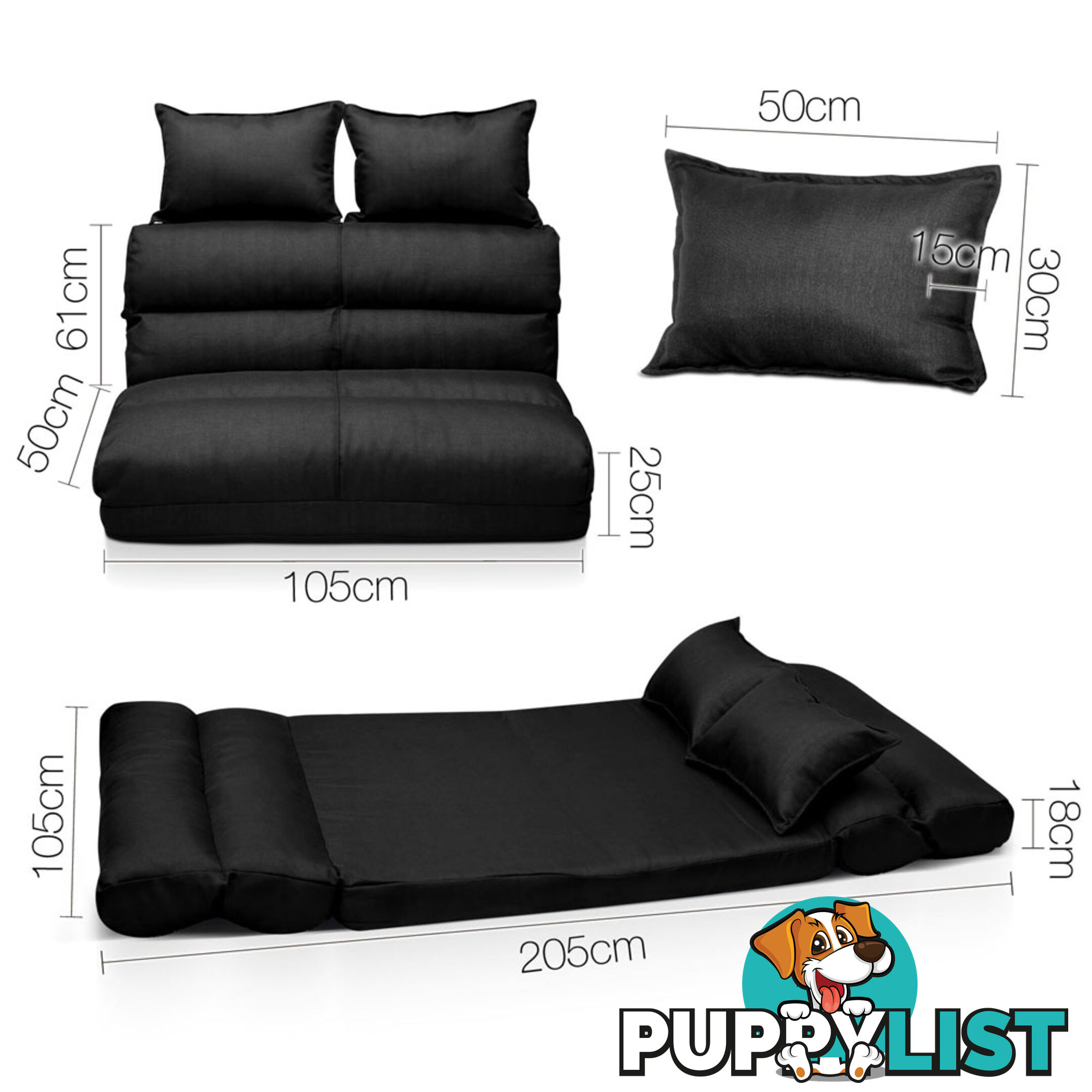 Double Size Adjustable Lounge Sofa - 5 positions Black