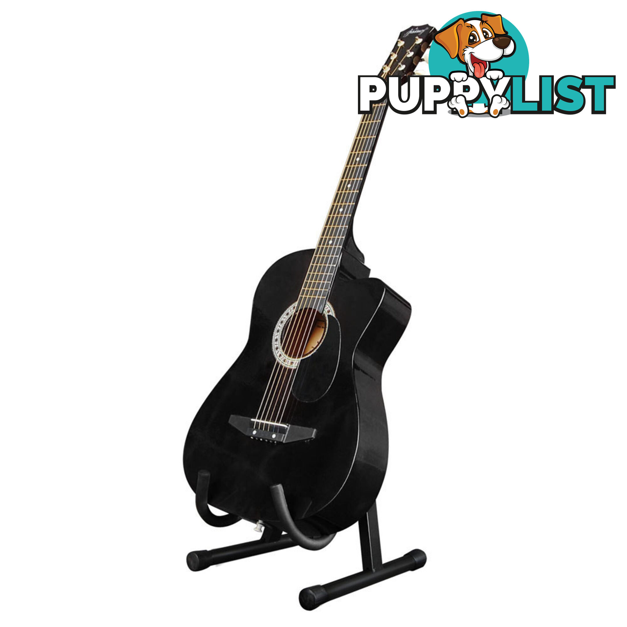 Acoustic Cutaway Guitar Black w/ Steel String Stand Strap