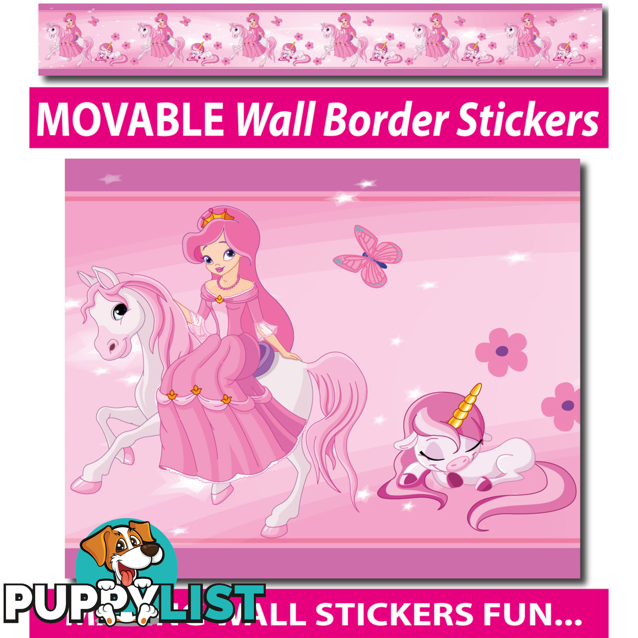 Princess and Unicorns Wall Border Stickers - Totally Movable