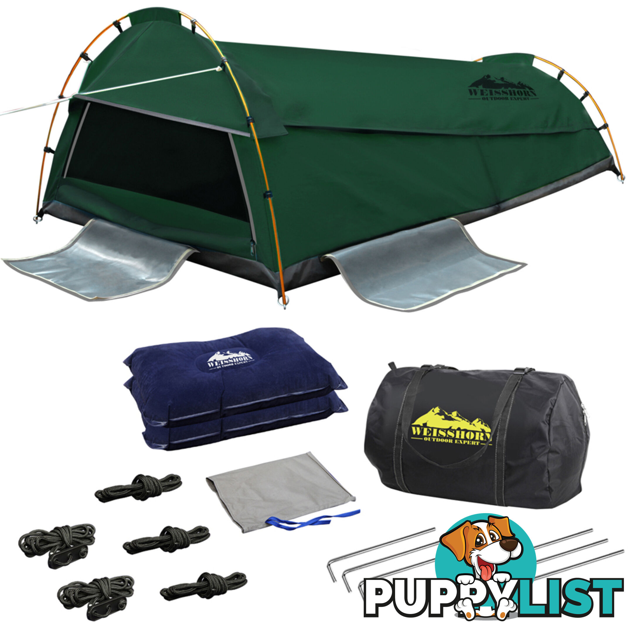 Double Camping Canvas Swag Tent Green w/ Air Pillow