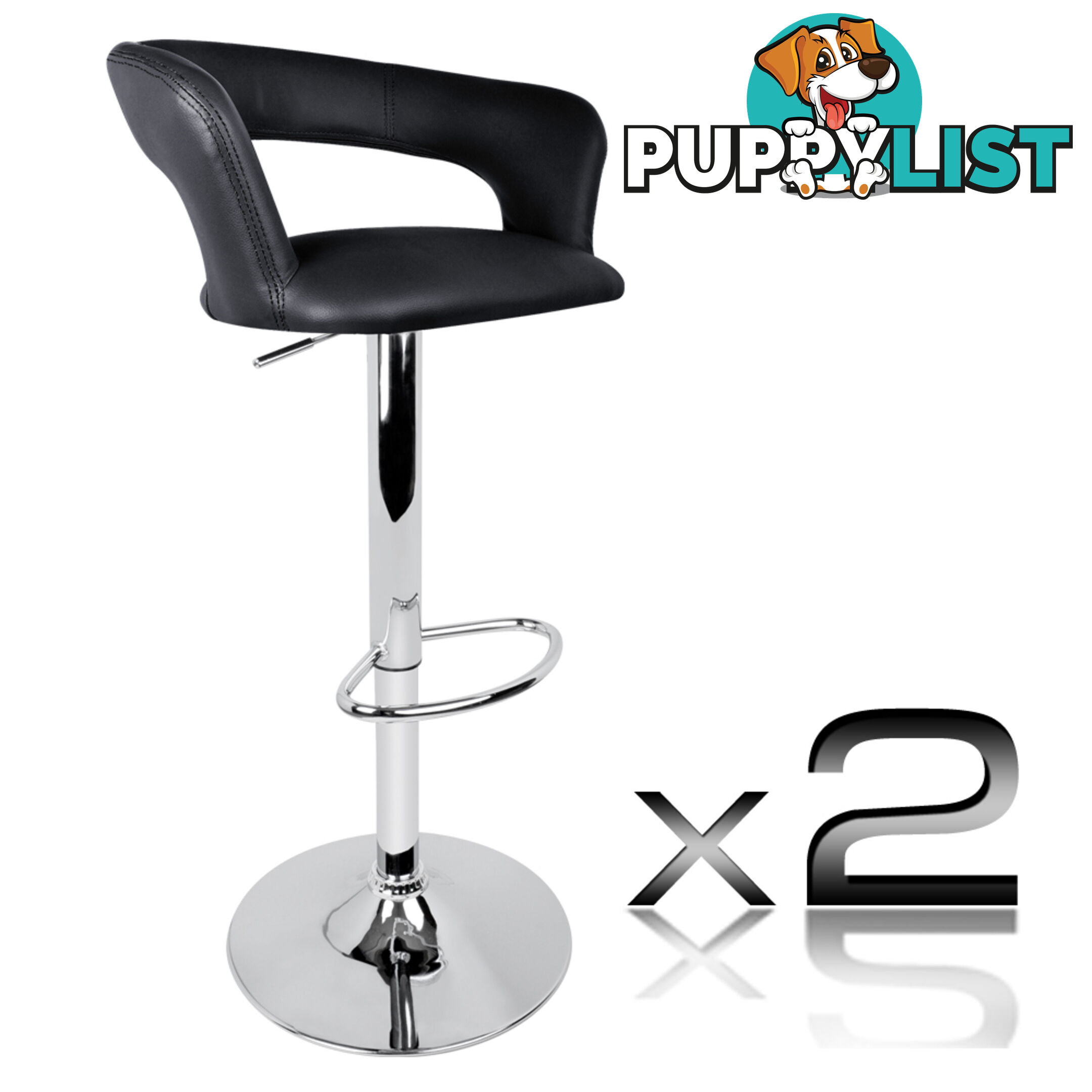 Set of 2 PU Leather Kitchen Bar Stool Black