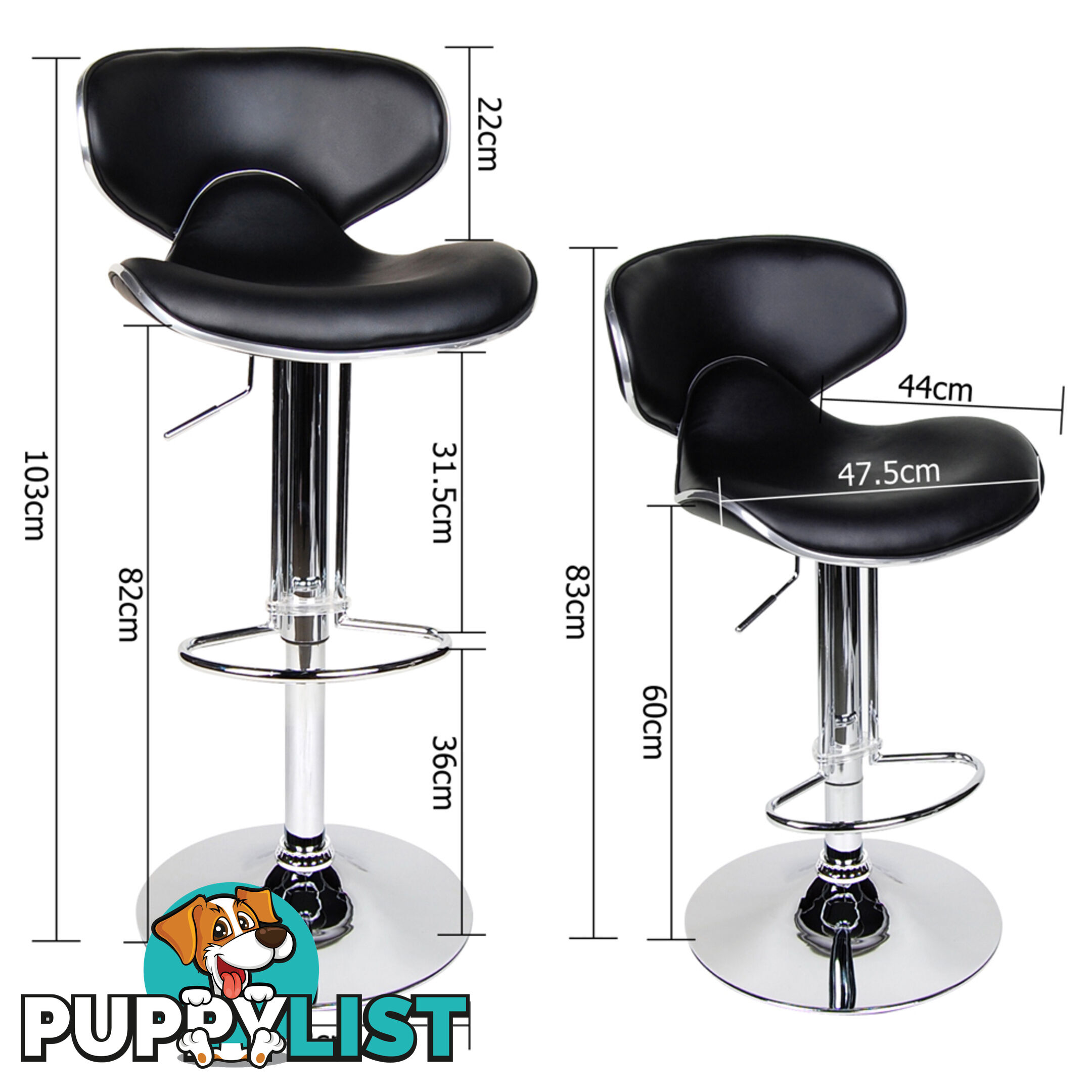 Set of 2 PU Leather Kitchen Bar Stool Black