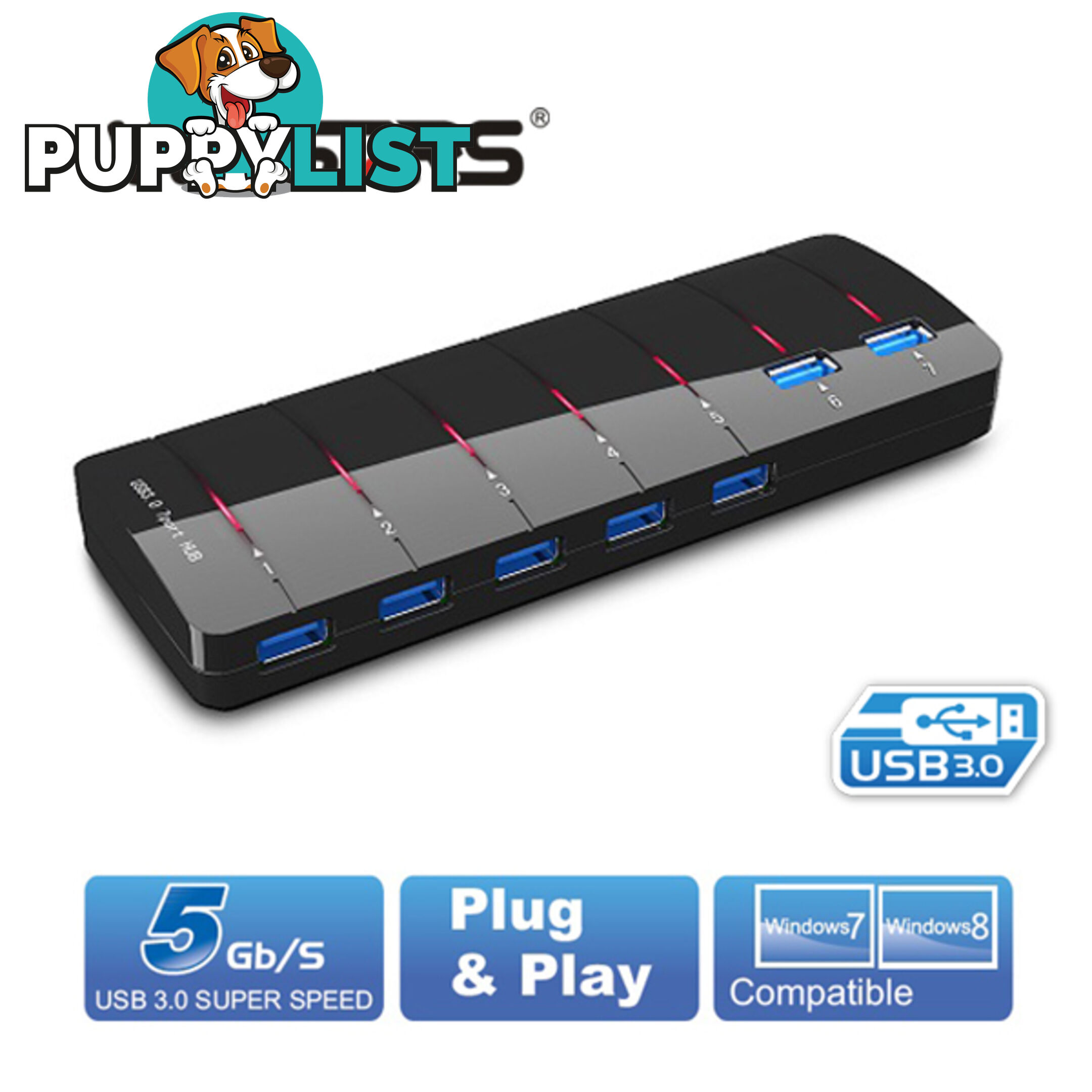 Winstars 7 Port USB 3.0 Hub with Power Adapter