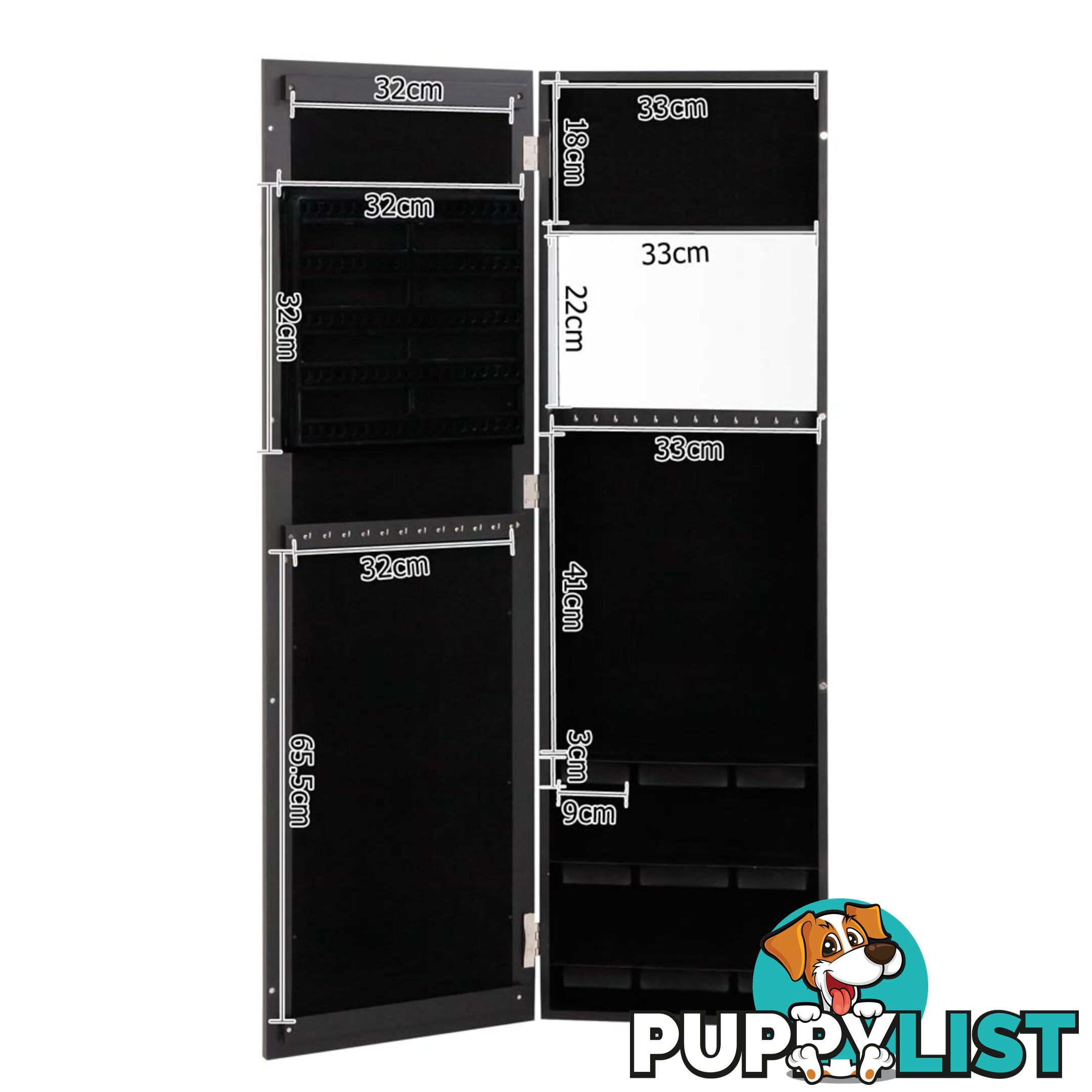 Wall Mount Jewellery Cabinet w/ Mirror Black