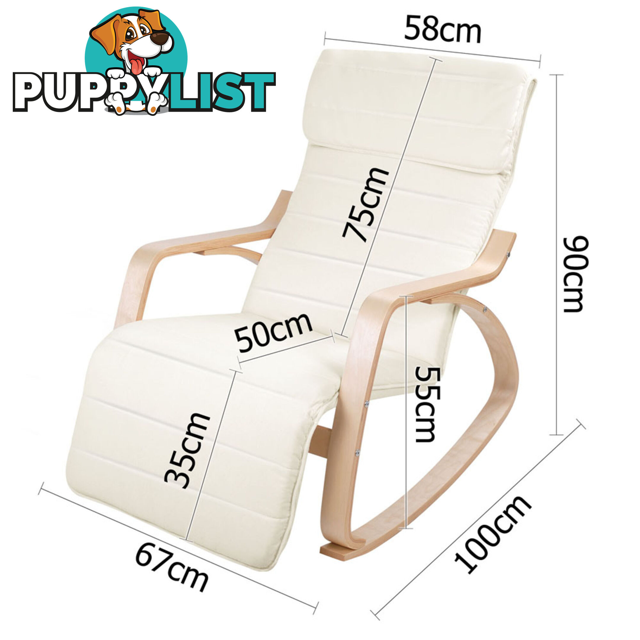 Birch Plywood Adjustable Rocking Lounge Arm Chair w/ Fabric Cushion Beige