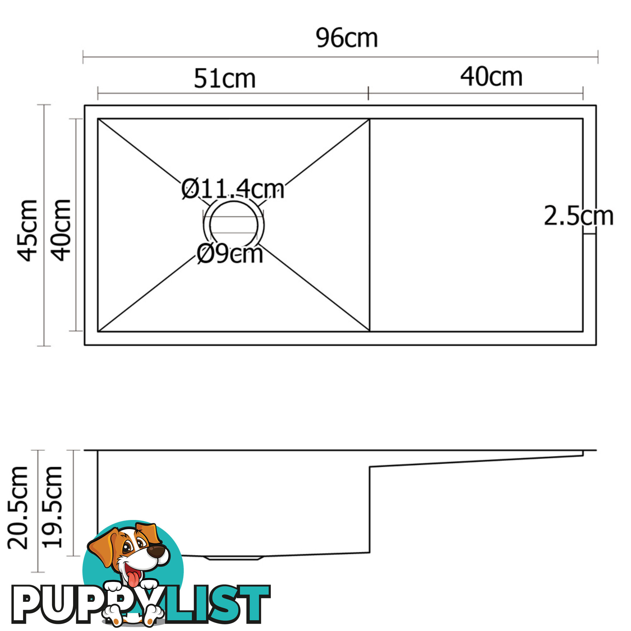 Stainless Steel Kitchen/Laundry Sink w/ Strainer Waste 960x450mm