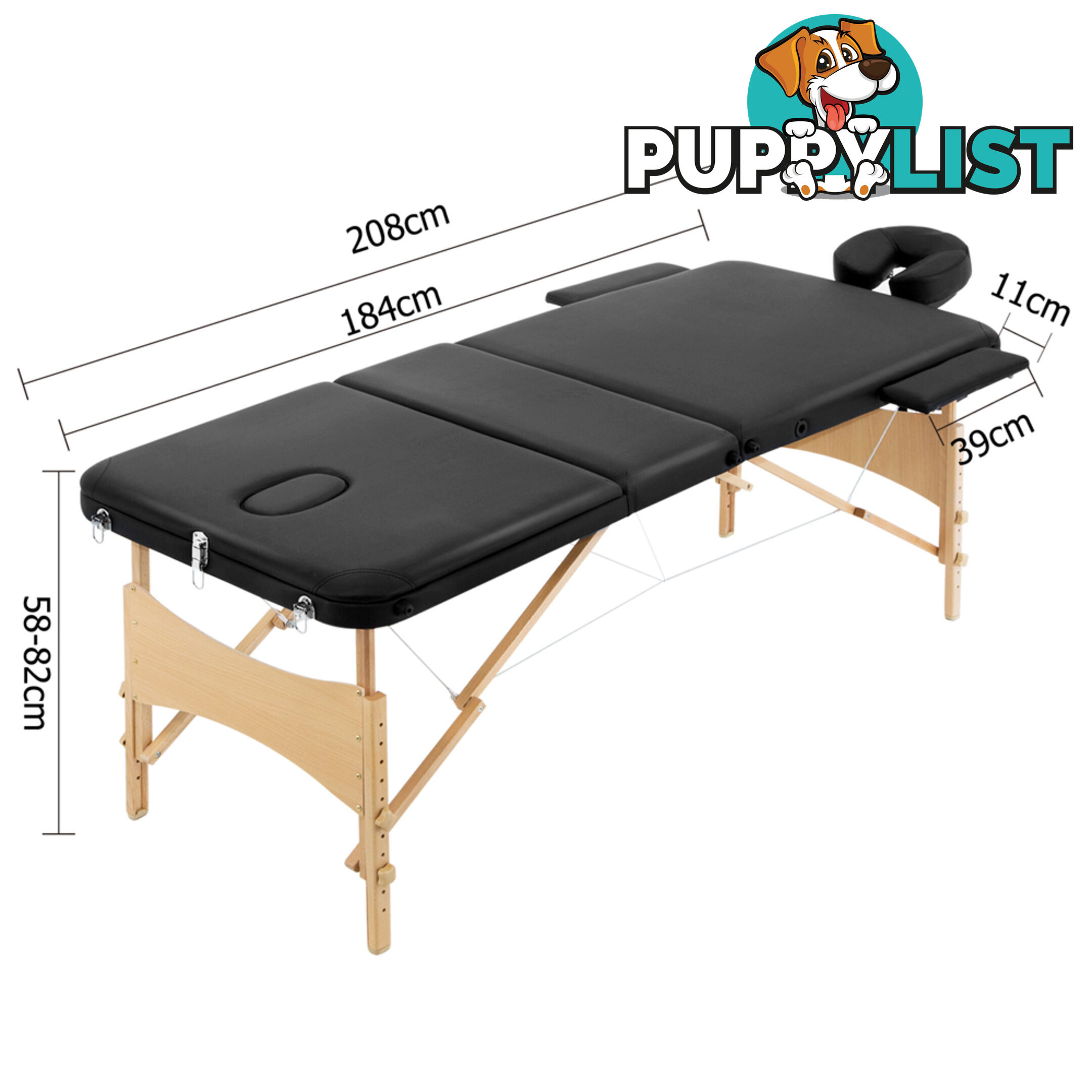 Portable Wooden 3 Fold Massage Table Chair Bed Black 70 cm