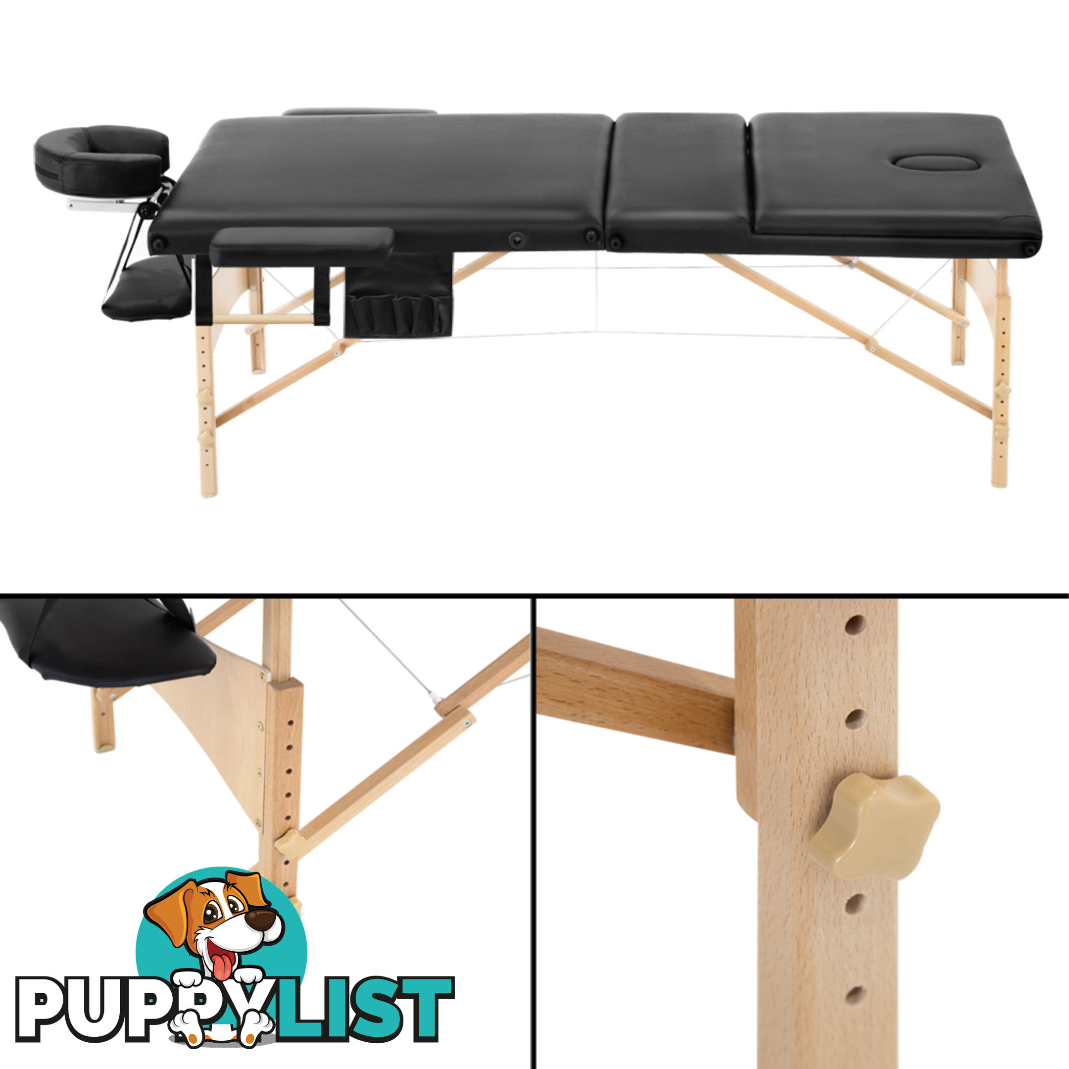 Portable Wooden 3 Fold Massage Table Chair Bed Black 70 cm