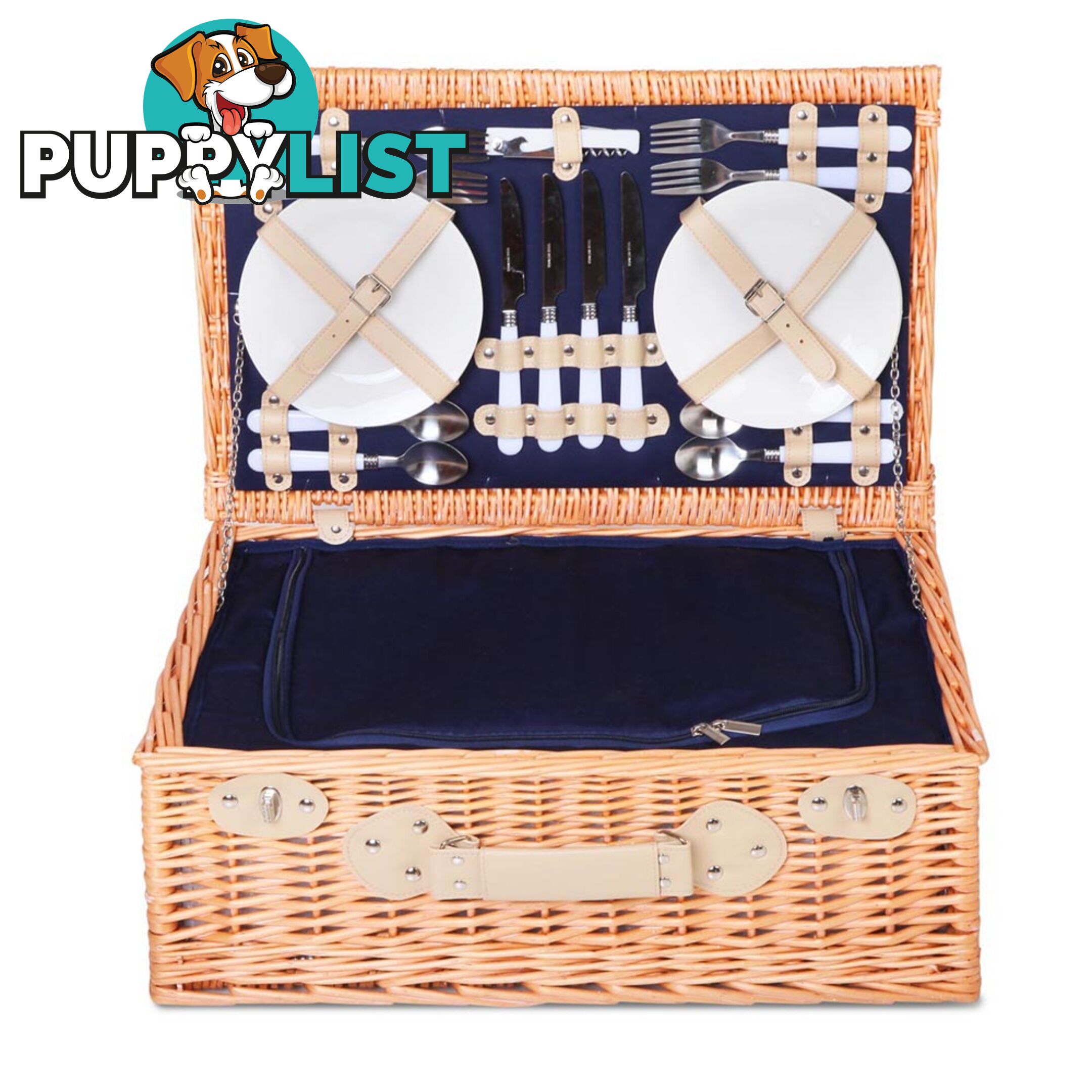 4 Person Picnic Basket Set with Cooler Bag Blanket - Navy