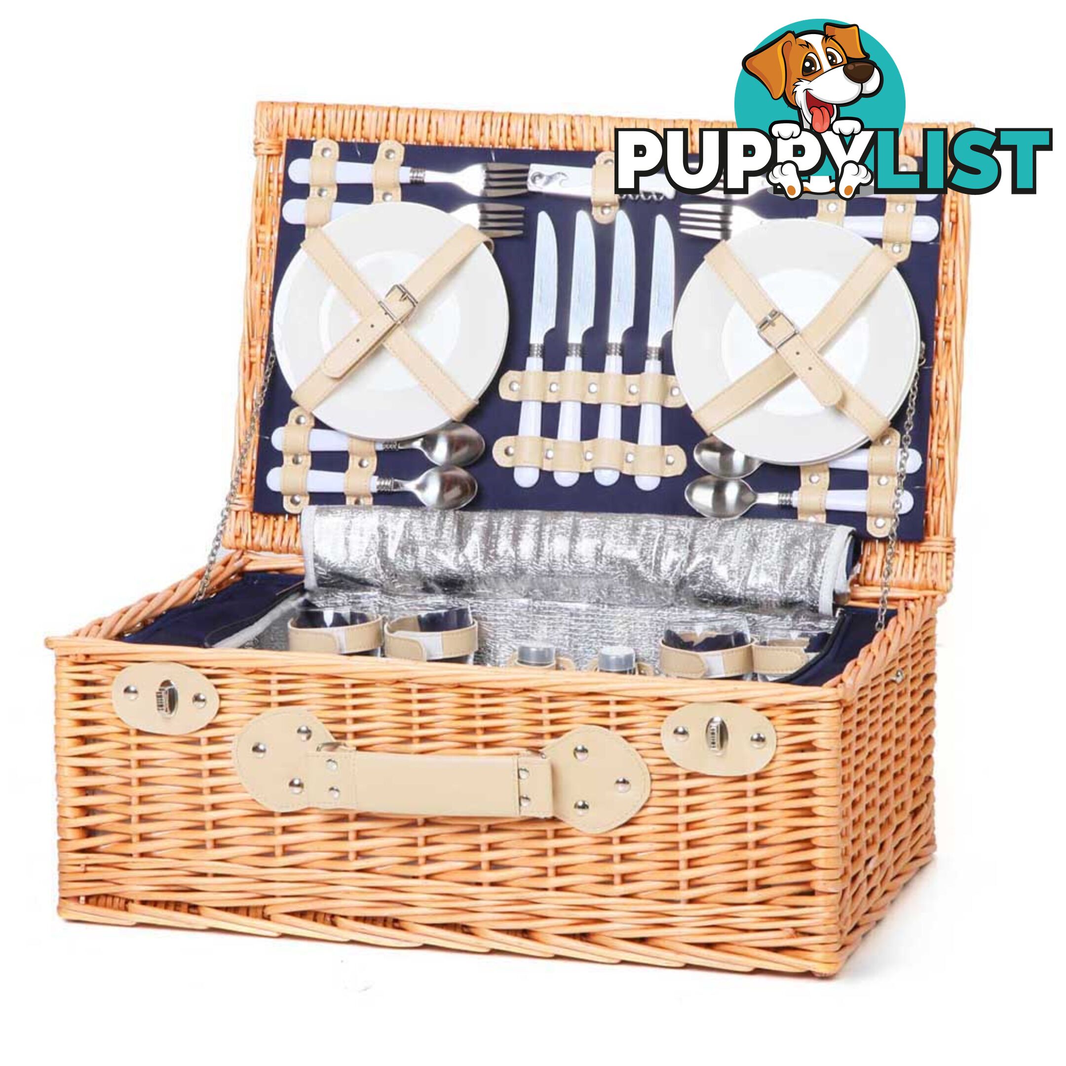 4 Person Picnic Basket Set with Cooler Bag Blanket - Navy