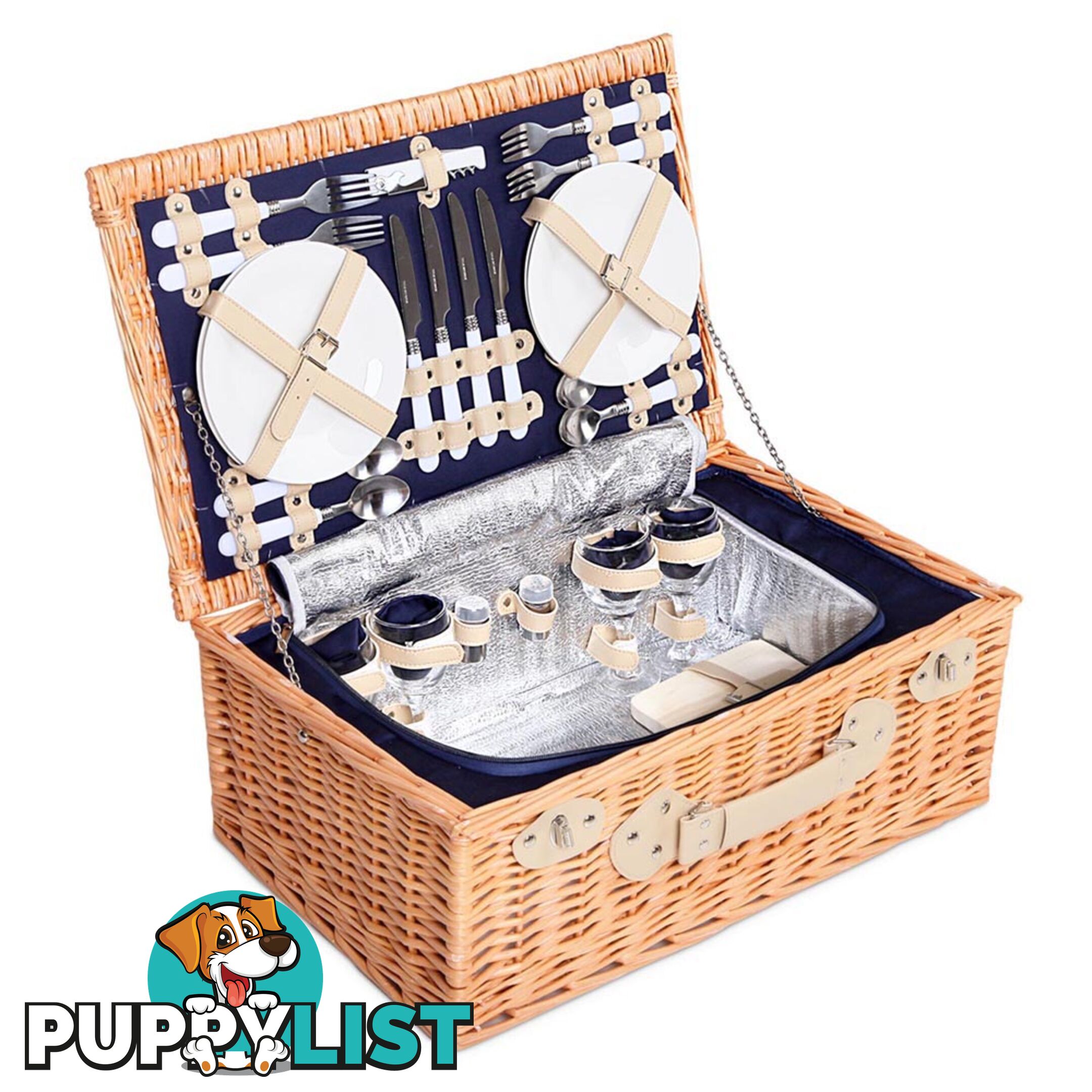 4 Person Picnic Basket Set with Cooler Bag Blanket - Navy