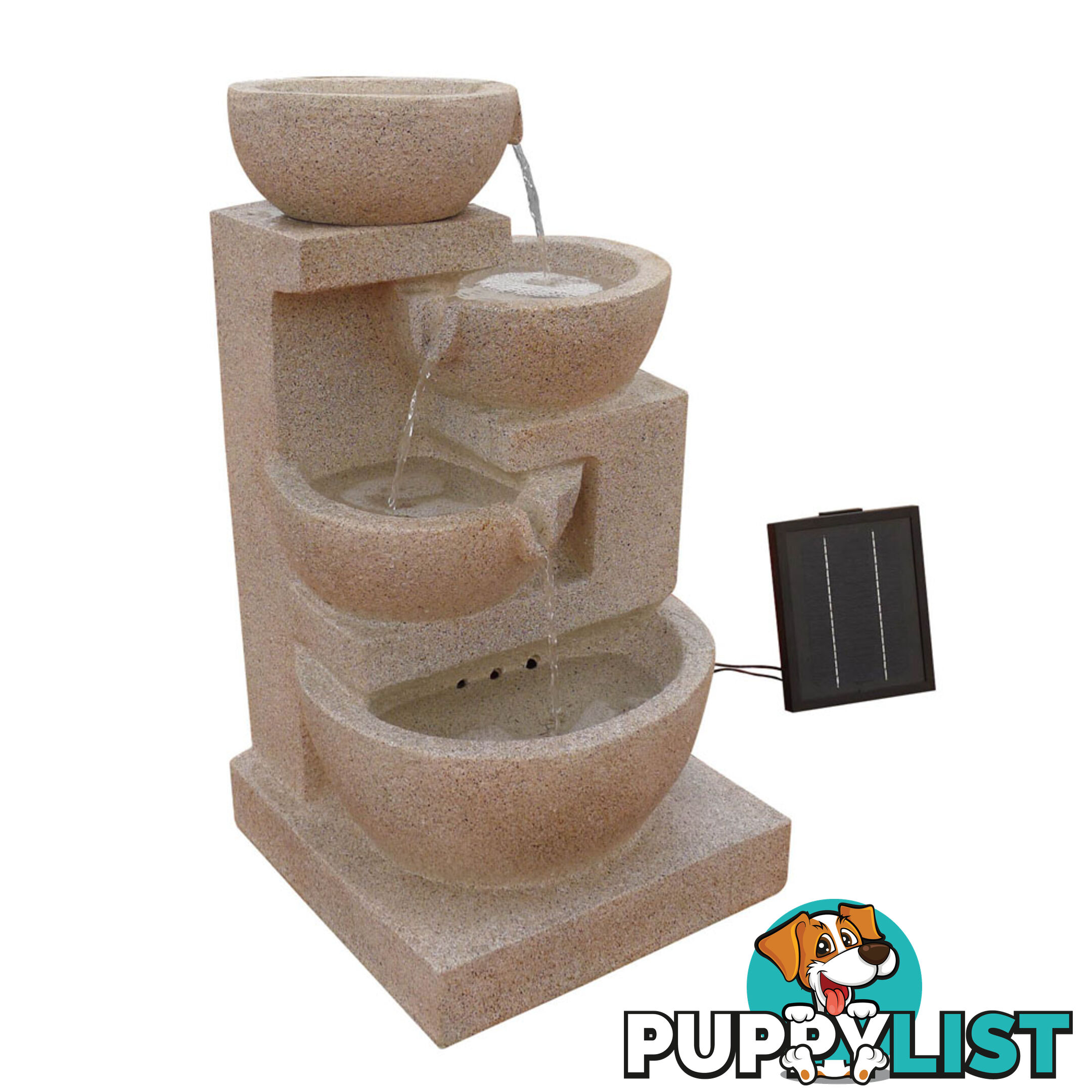 Solar Power Four-Tier Water Fountain Feature w/ LED Light Sand Beige