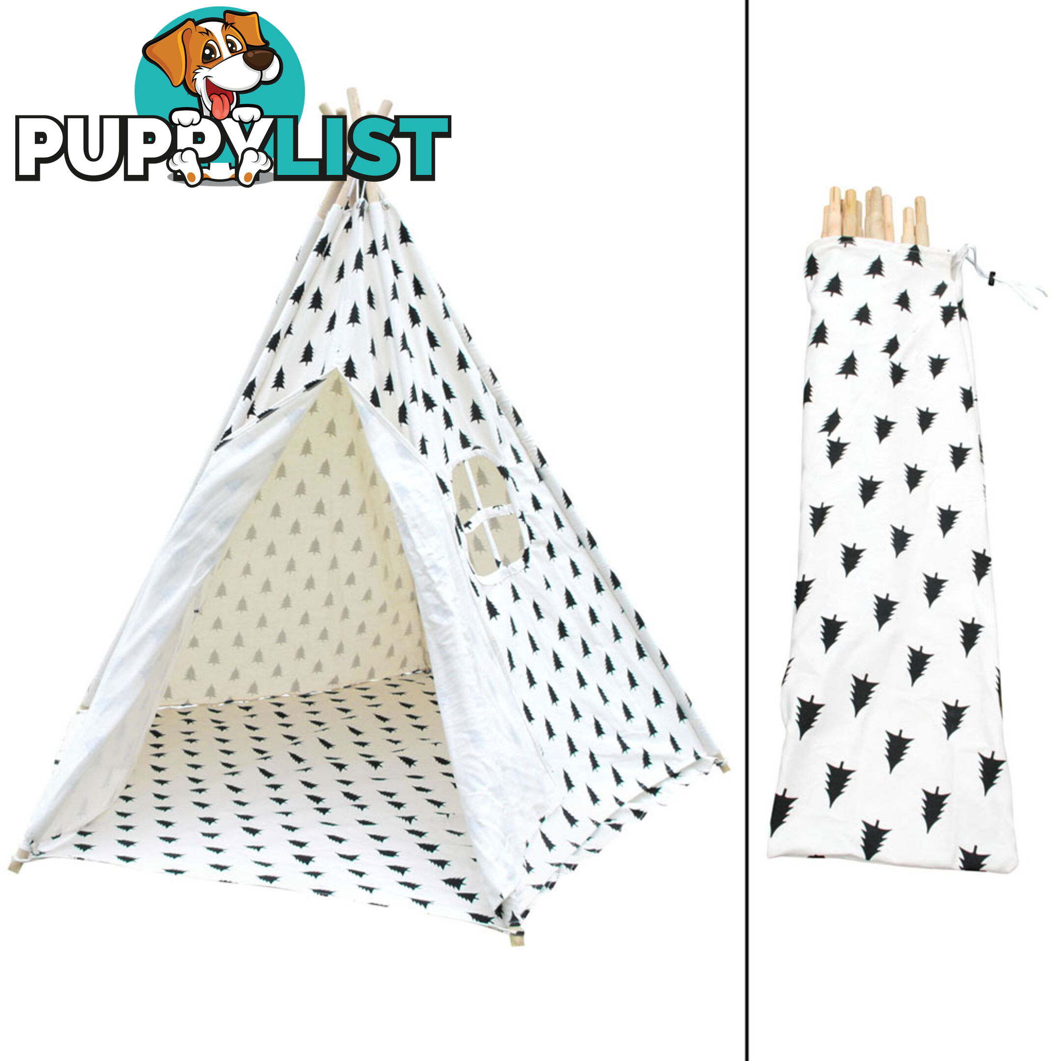 5 Poles Teepee Tent w/ Storage Bag Black White