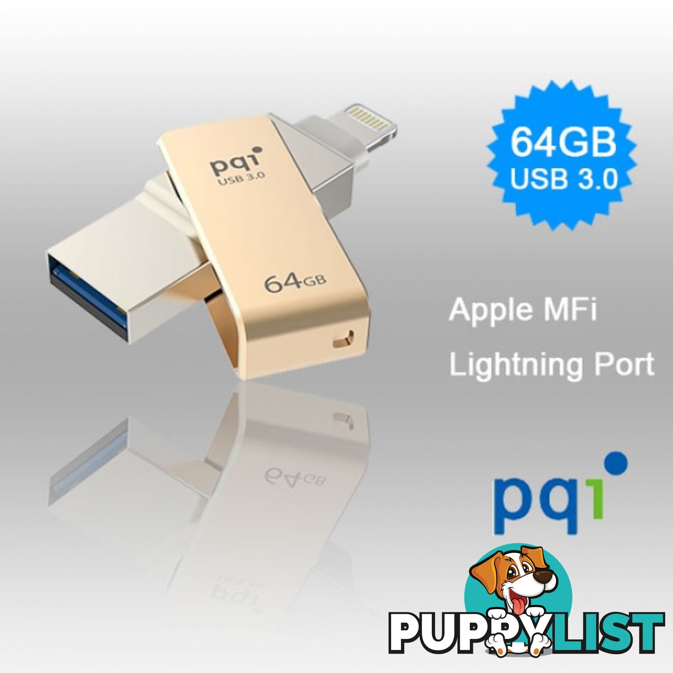 PQI iConnect Mini 6I04-064GR2001 Gold [Apple MFi] 64 GB Mobile Flash Drive w/ Lightning Connector for iPhones iPads Mac & PC USB 3.0 (6I04-064GR2001)