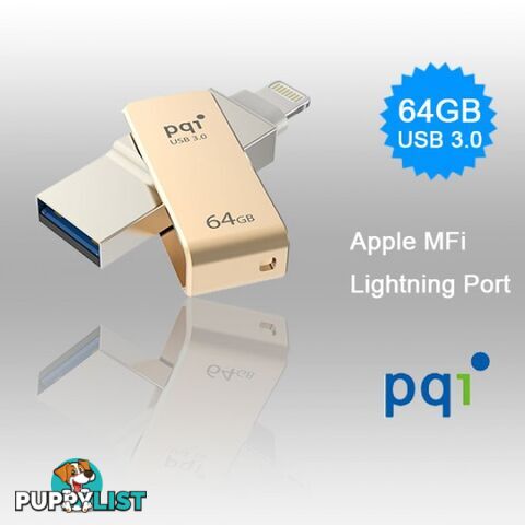 PQI iConnect Mini 6I04-064GR2001 Gold [Apple MFi] 64 GB Mobile Flash Drive w/ Lightning Connector for iPhones iPads Mac & PC USB 3.0 (6I04-064GR2001)