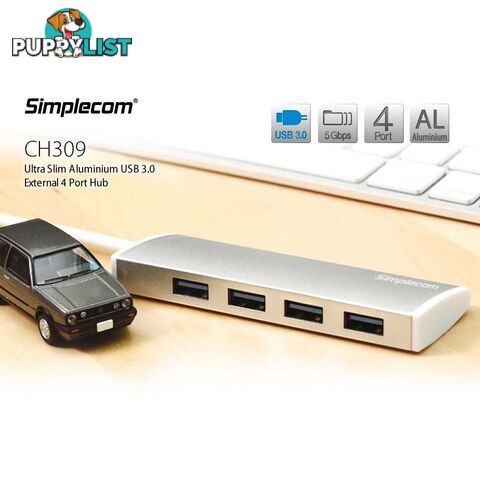 Simplecom CH309 Ultra Slim Aluminium USB 3.0 External 4 Port Hub for PC Mac Laptop Silver