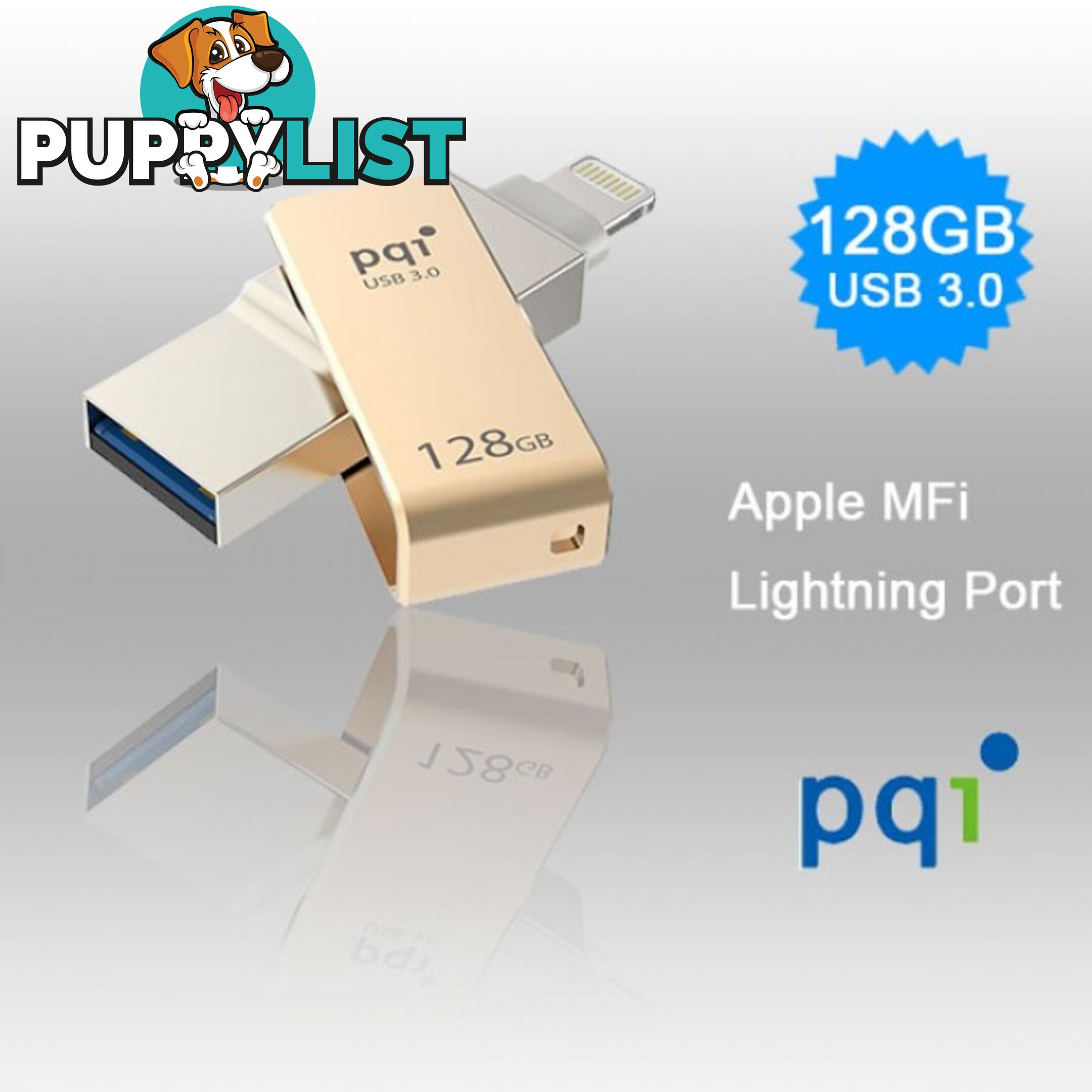 PQI iConnect Mini 6I04-128GR2001 Gold [Apple MFi] 128 GB Mobile Flash Drive w/ Lightning Connector for iPhones iPads Mac & PC USB 3.0 (6I04-128GR2001)