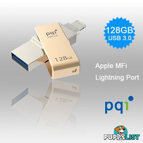 PQI iConnect Mini 6I04-128GR2001 Gold [Apple MFi] 128 GB Mobile Flash Drive w/ Lightning Connector for iPhones iPads Mac & PC USB 3.0 (6I04-128GR2001)