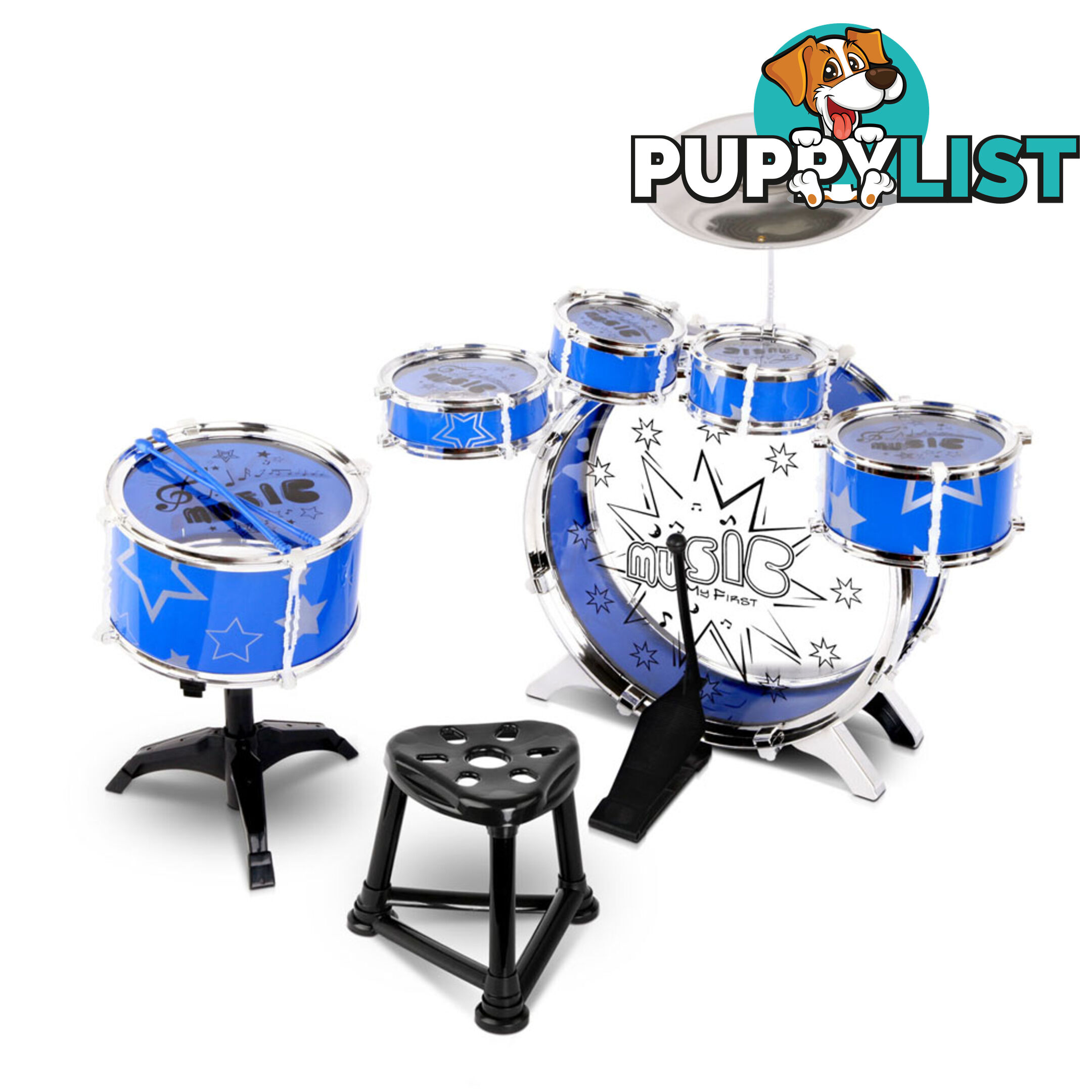 Kids Drums Play Set 8 Pcs with Seat - Blue