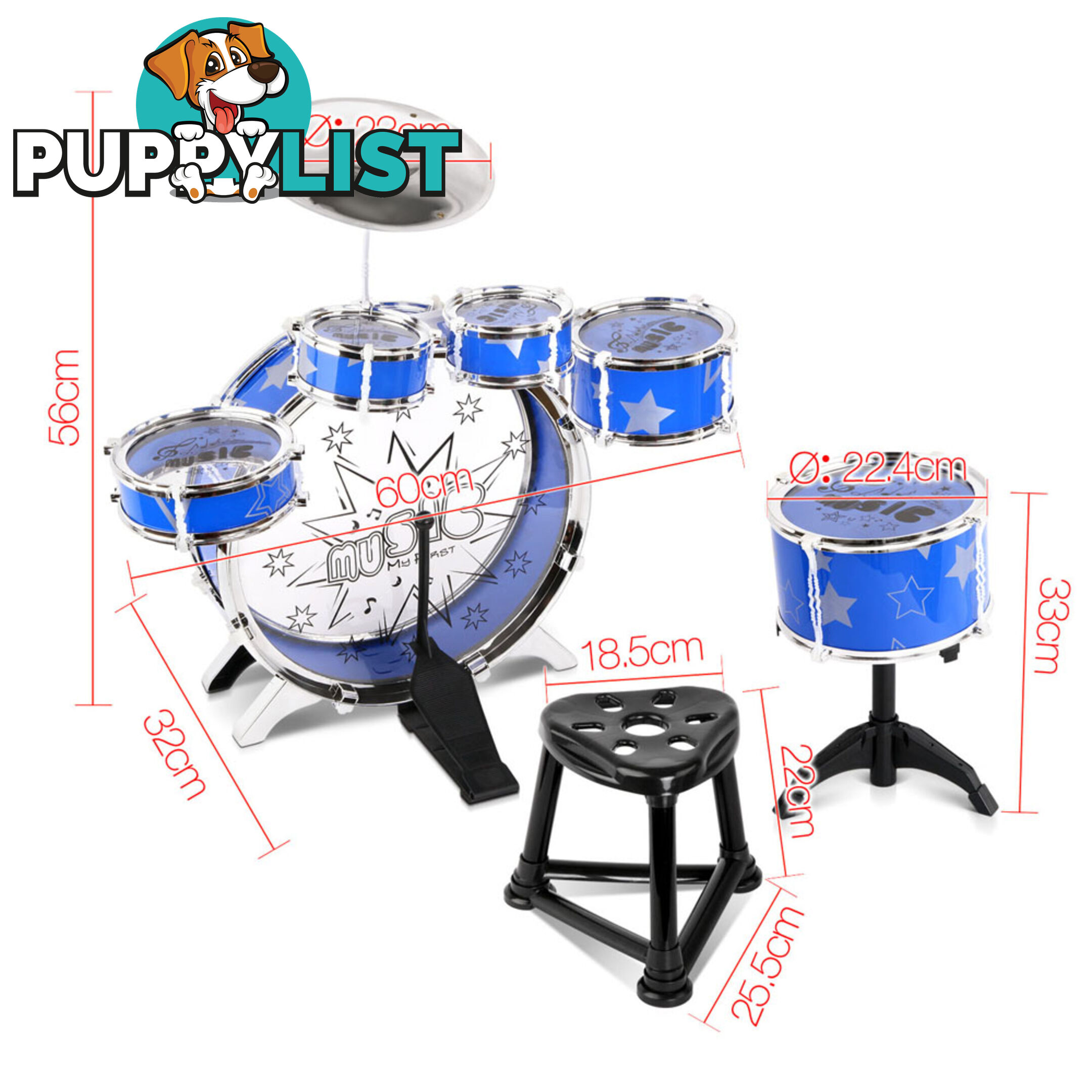 Kids Drums Play Set 8 Pcs with Seat - Blue