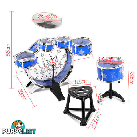 Kids Drums Play Set 8 Pcs with Seat - Blue