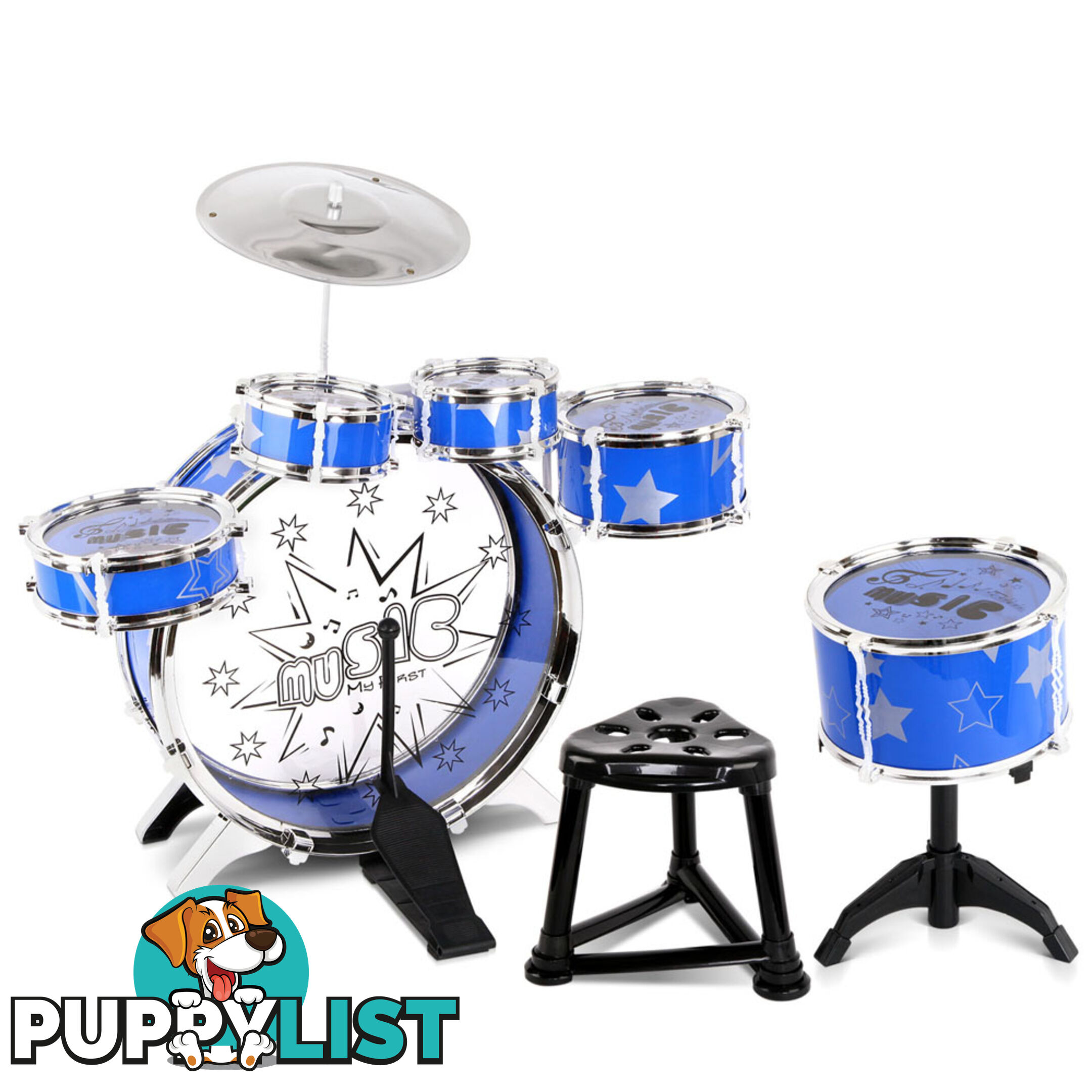 Kids Drums Play Set 8 Pcs with Seat - Blue