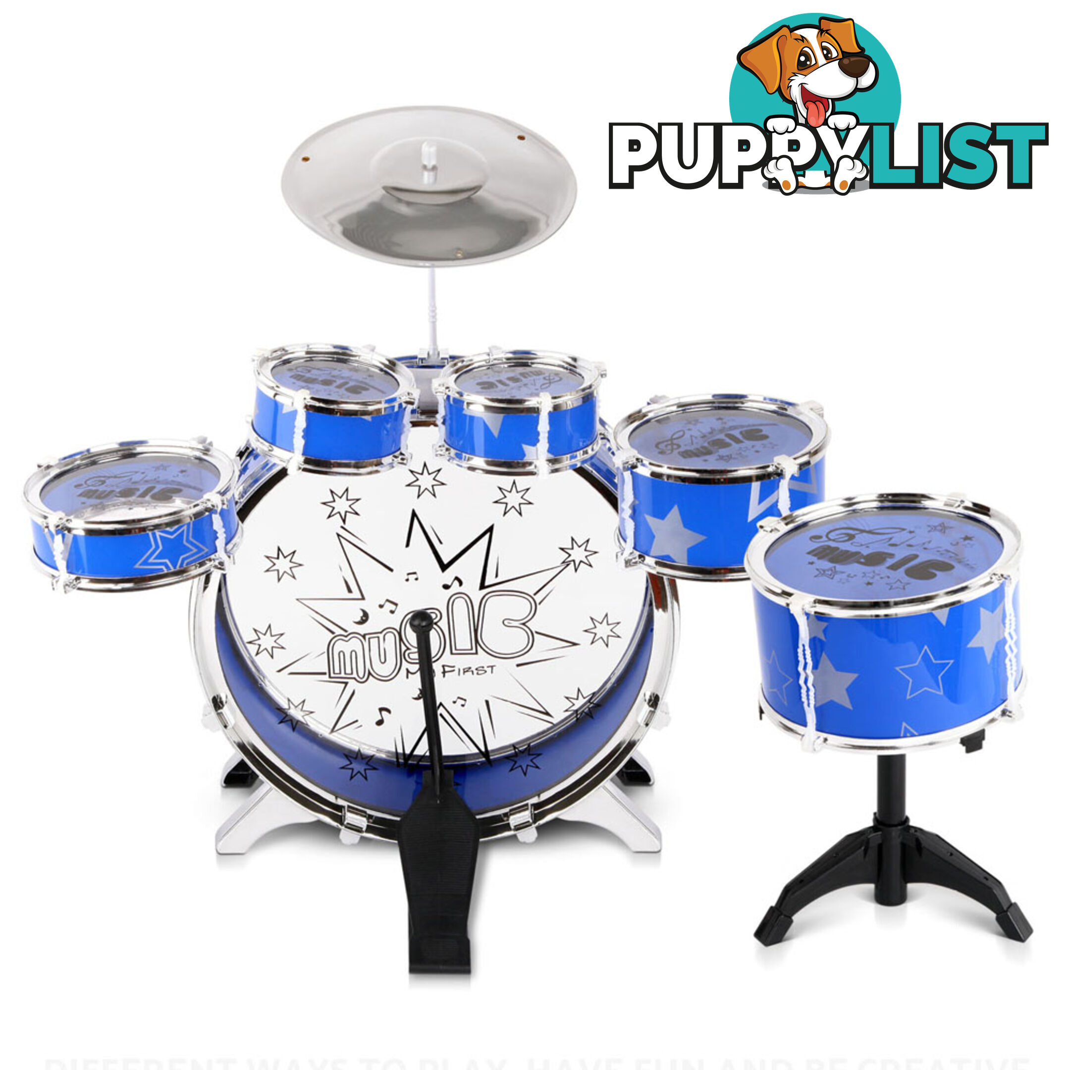 Kids Drums Play Set 8 Pcs with Seat - Blue