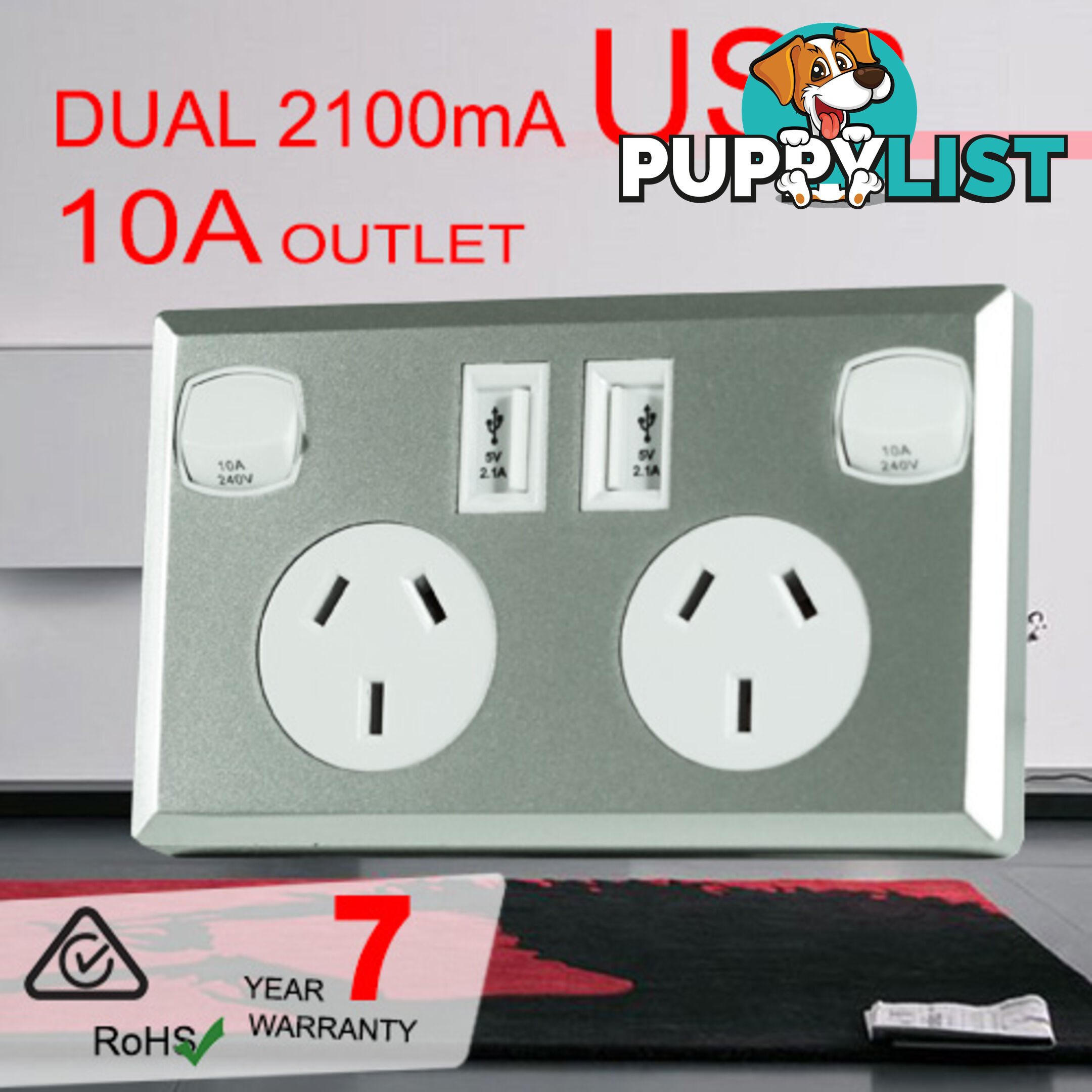 10A Double Australian USB Power Point Supply 2 Socket Switch Wall Plug Silver