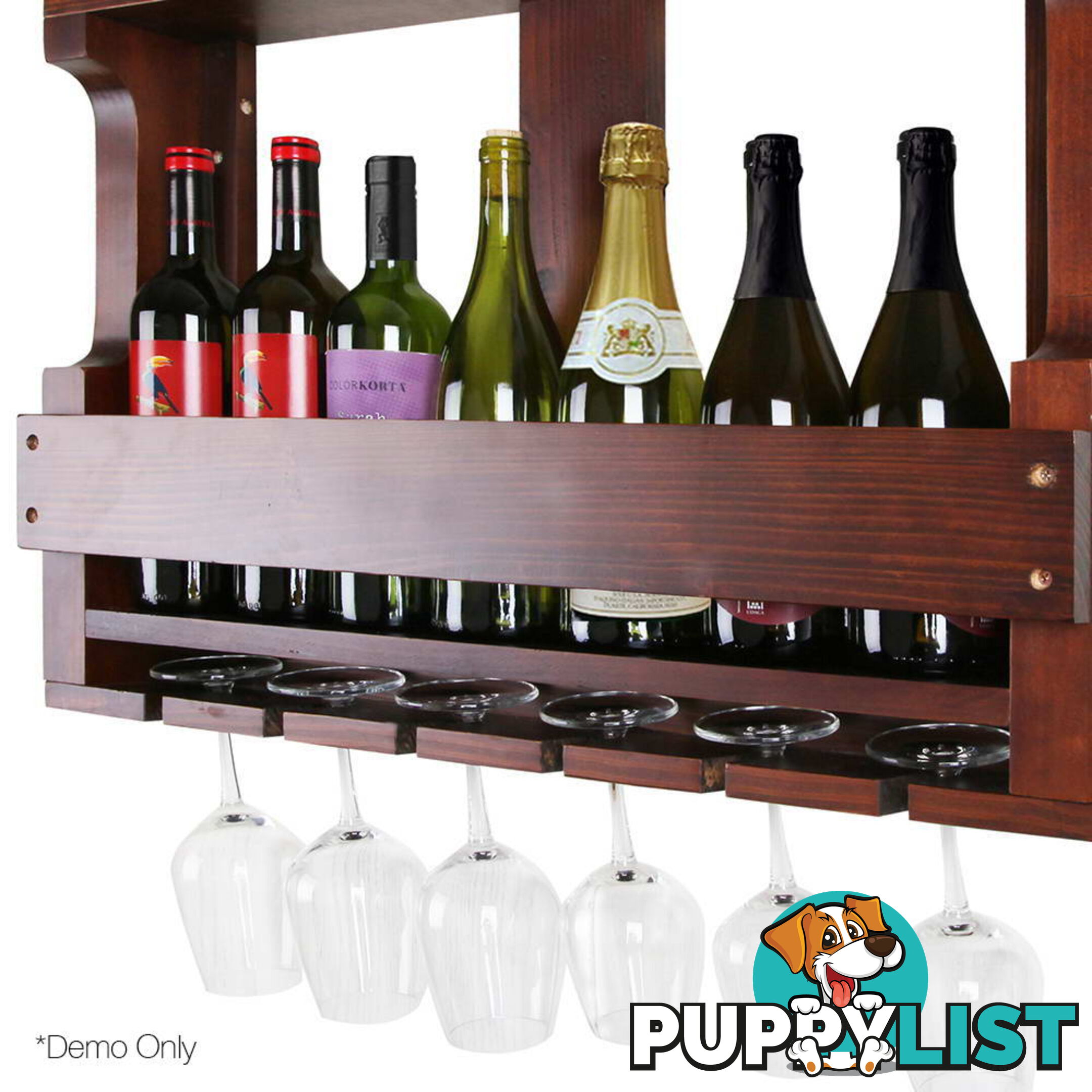 7 Bottle Wall Mounted Wine & Glass Rack - Natural