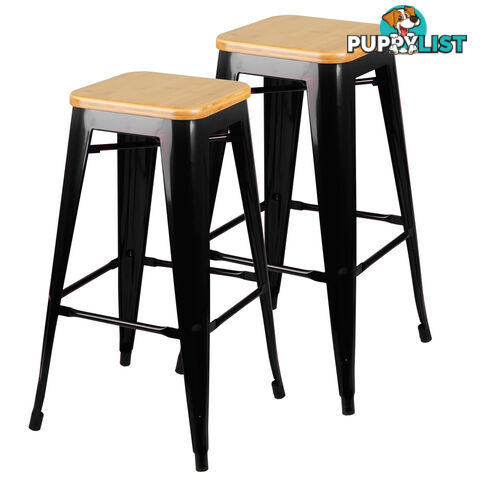 Set of 2 Replica Tolix Bar Stool Bamboo Seat 76cm Black