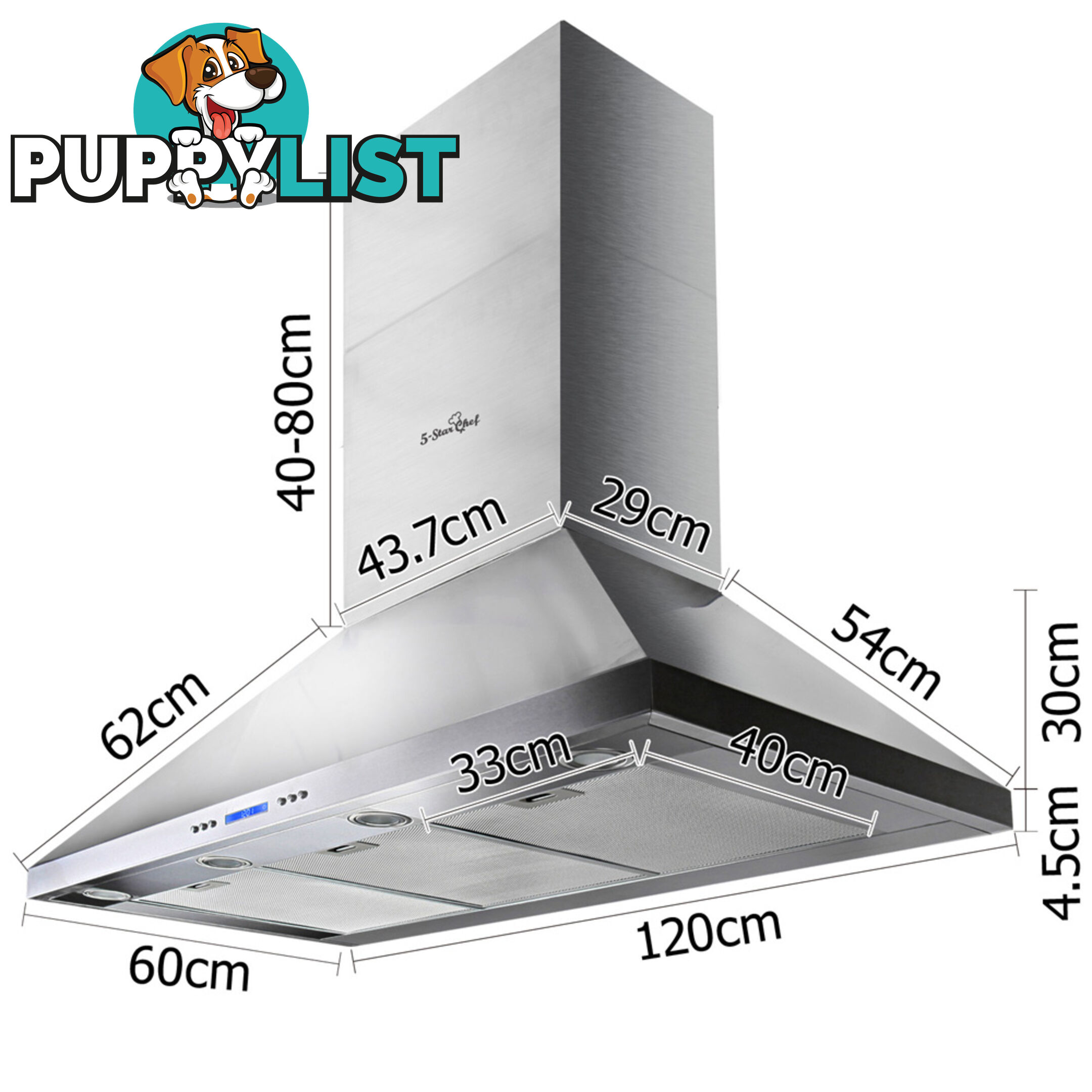 5 Star Chef 3 Fan Speed Rangehood 120cm