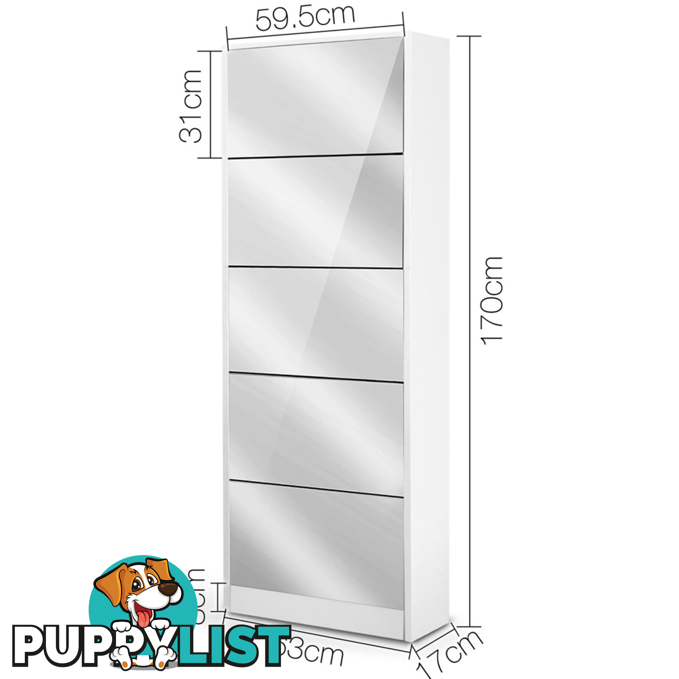 Mirrored Shoe Cabinet Storage 5 Drawers Shelf White