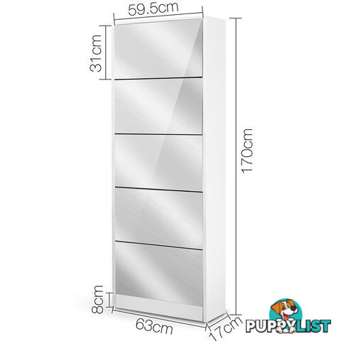 Mirrored Shoe Cabinet Storage 5 Drawers Shelf White