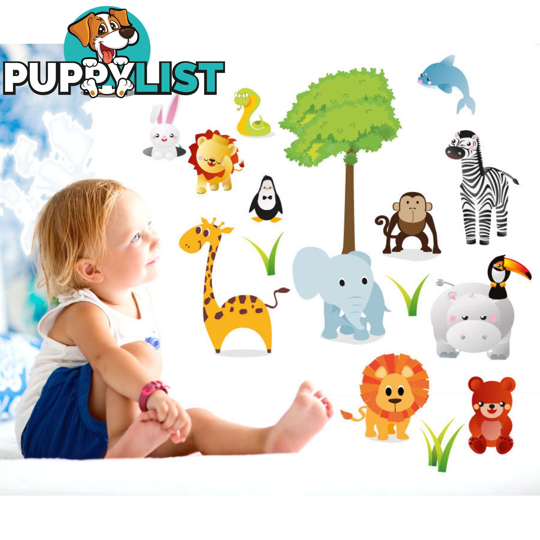 Large Size Cute Zoo Animals Kids Wall Stickers - Totally Movable