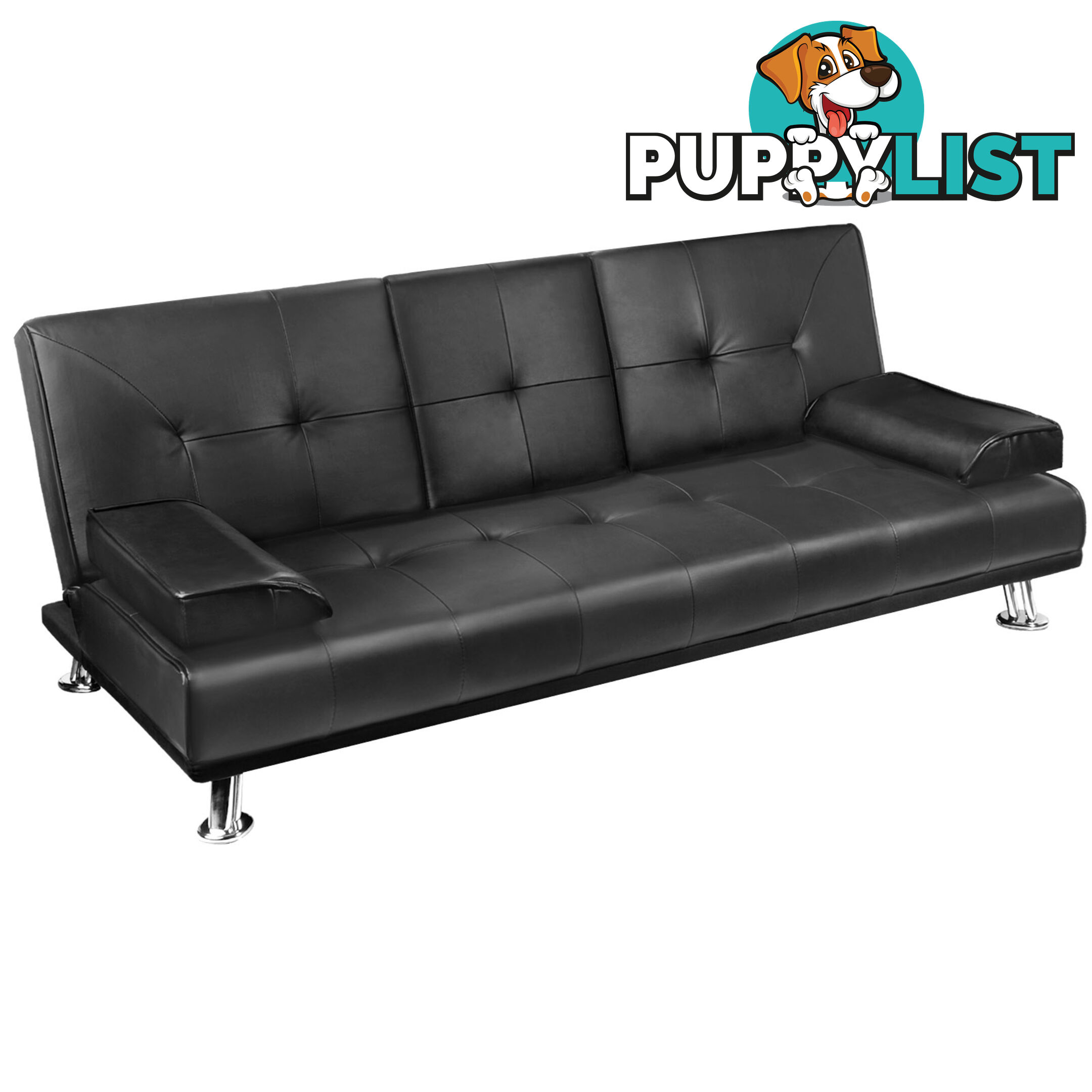 Modern PU leather 3 Seater Sofa Bed w/ Cup Holders