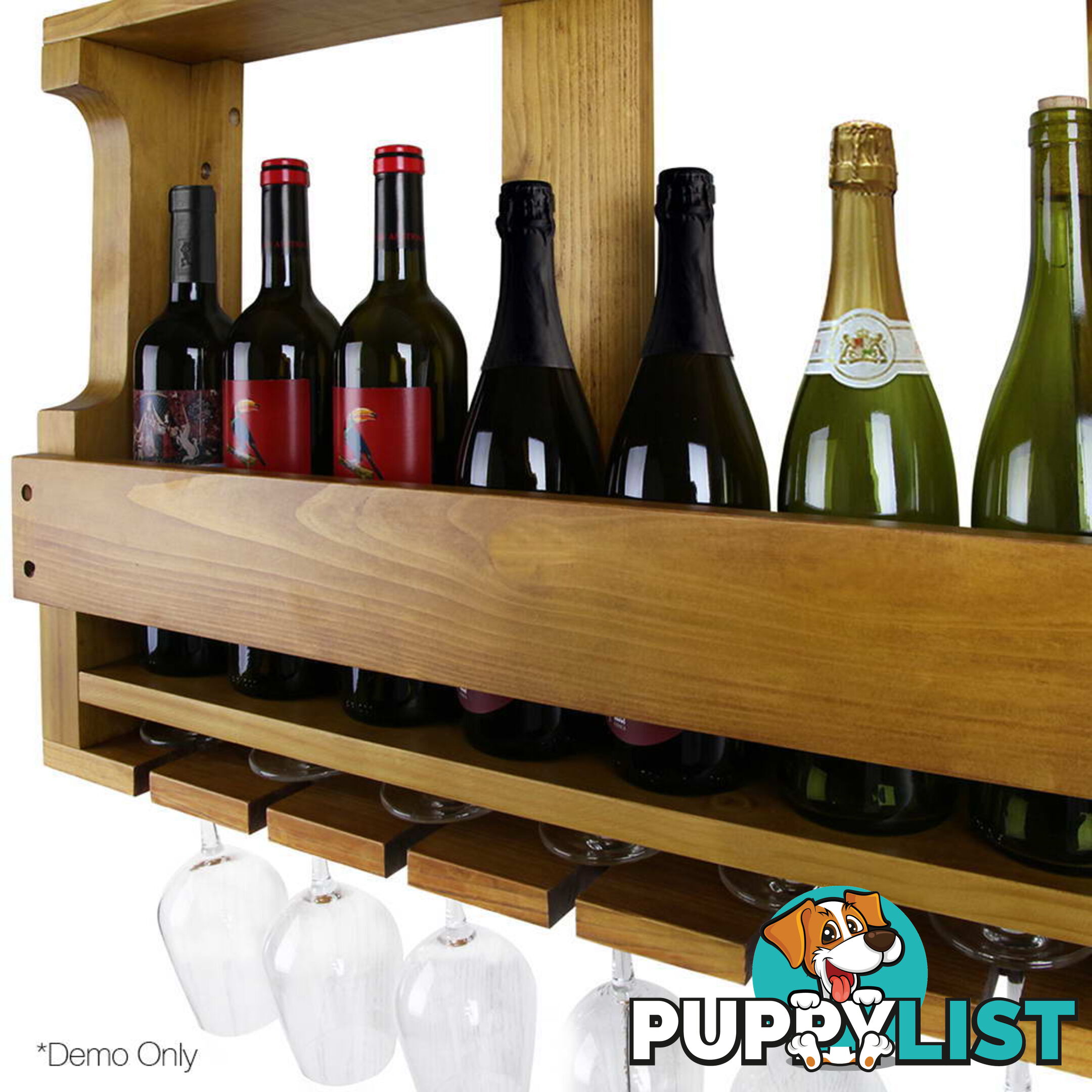 7 Bottle Wall Mounted Wine & Glass Rack - Brown