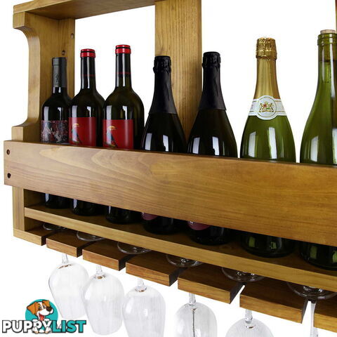 7 Bottle Wall Mounted Wine & Glass Rack - Brown