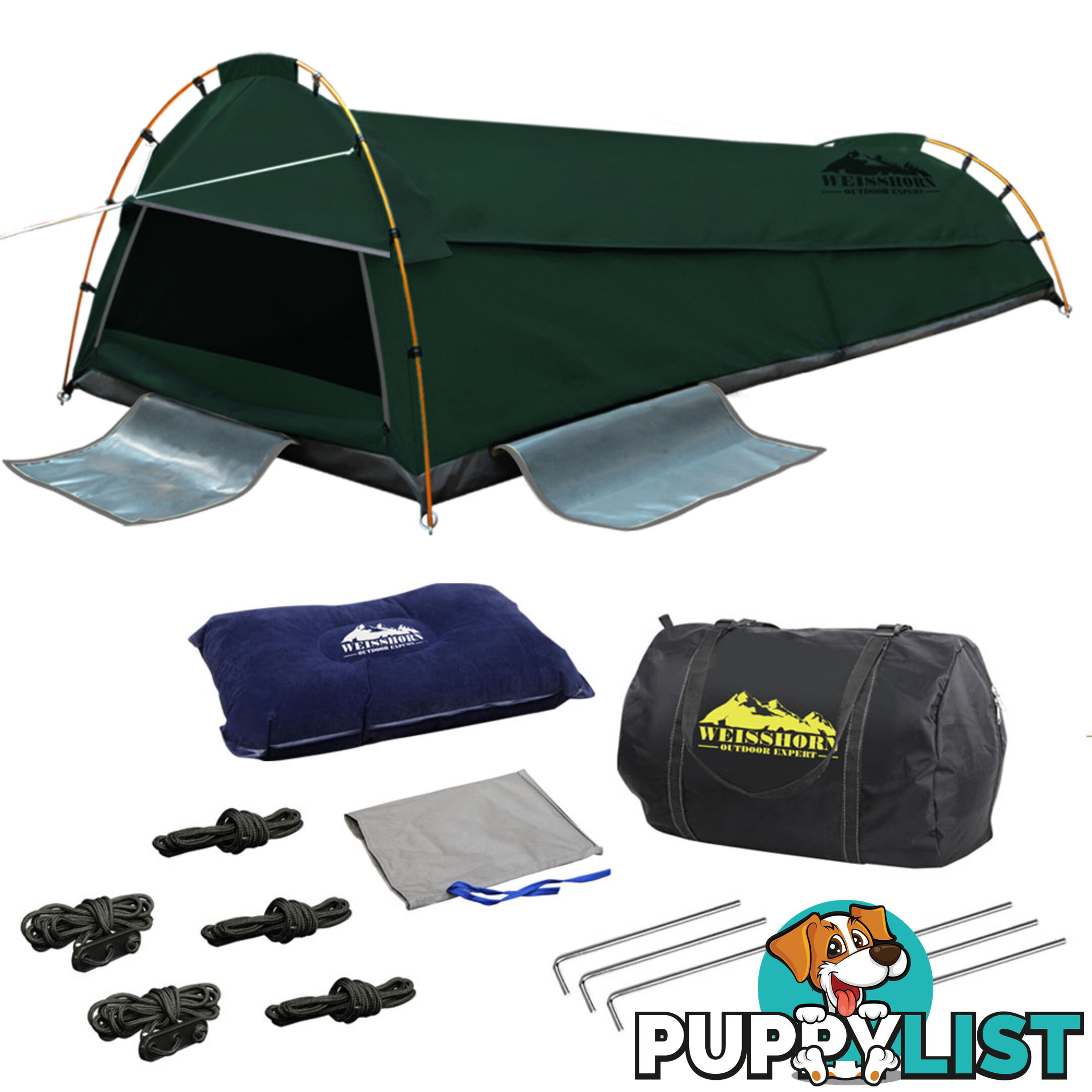 King Single Camping Canvas Swag Tent Green w/ Air Pillow